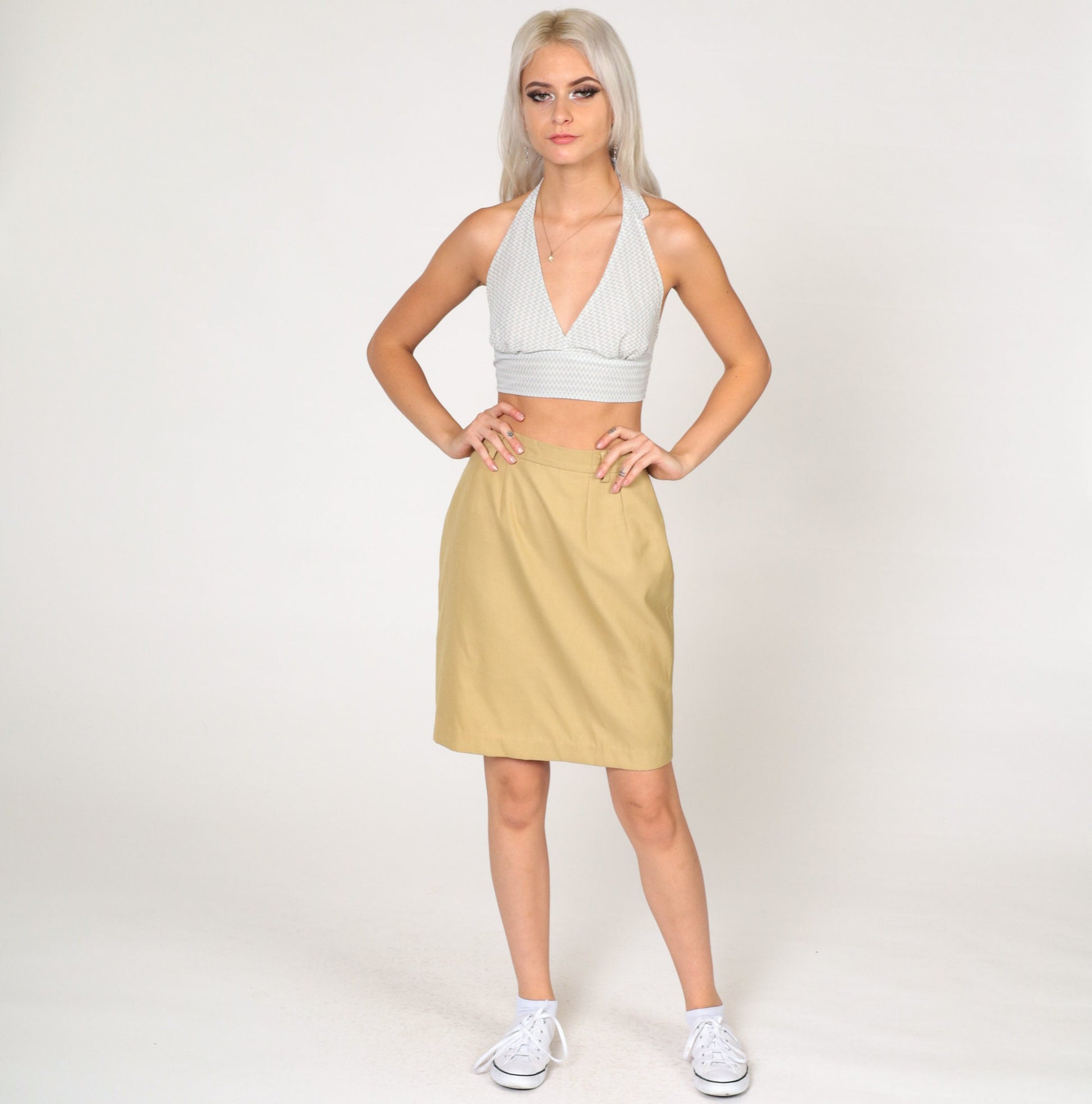 80s Tan Pencil Skirt High Waist Mini Rear Zip Small