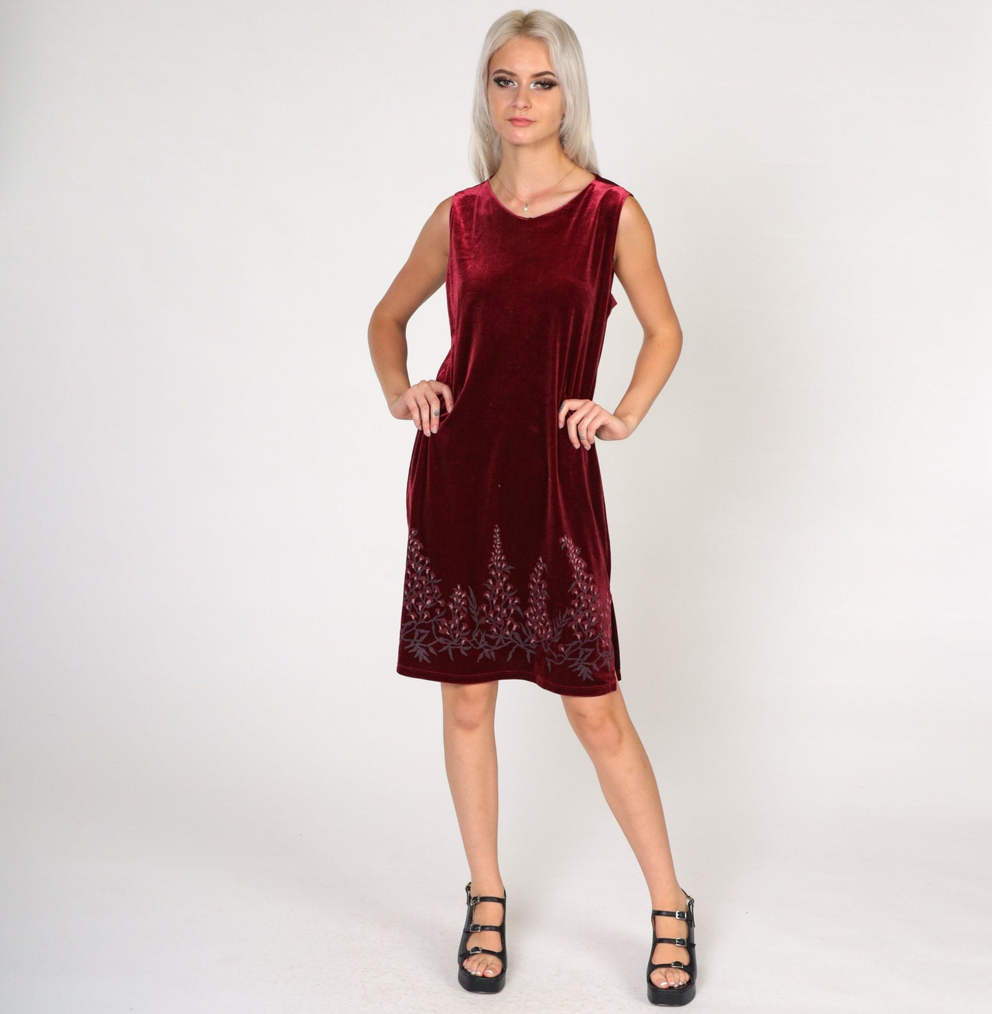 00s Red Velvet Floral Mini Dress Sleeveless Shift Small Medium