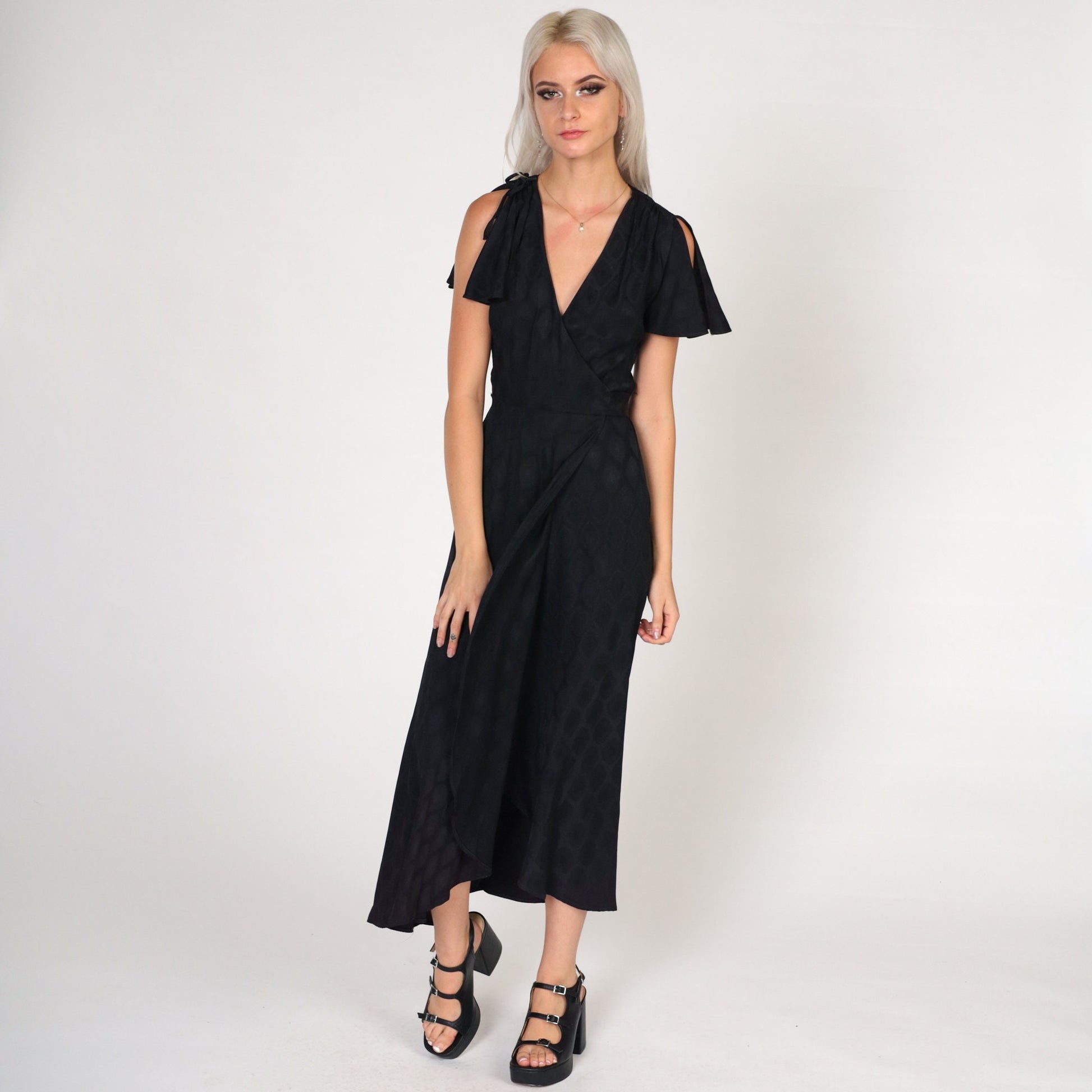 70s Black Grecian Maxi Dress Flutter Sleeve Wrap Deep V Embossed Geometric Extra Small
