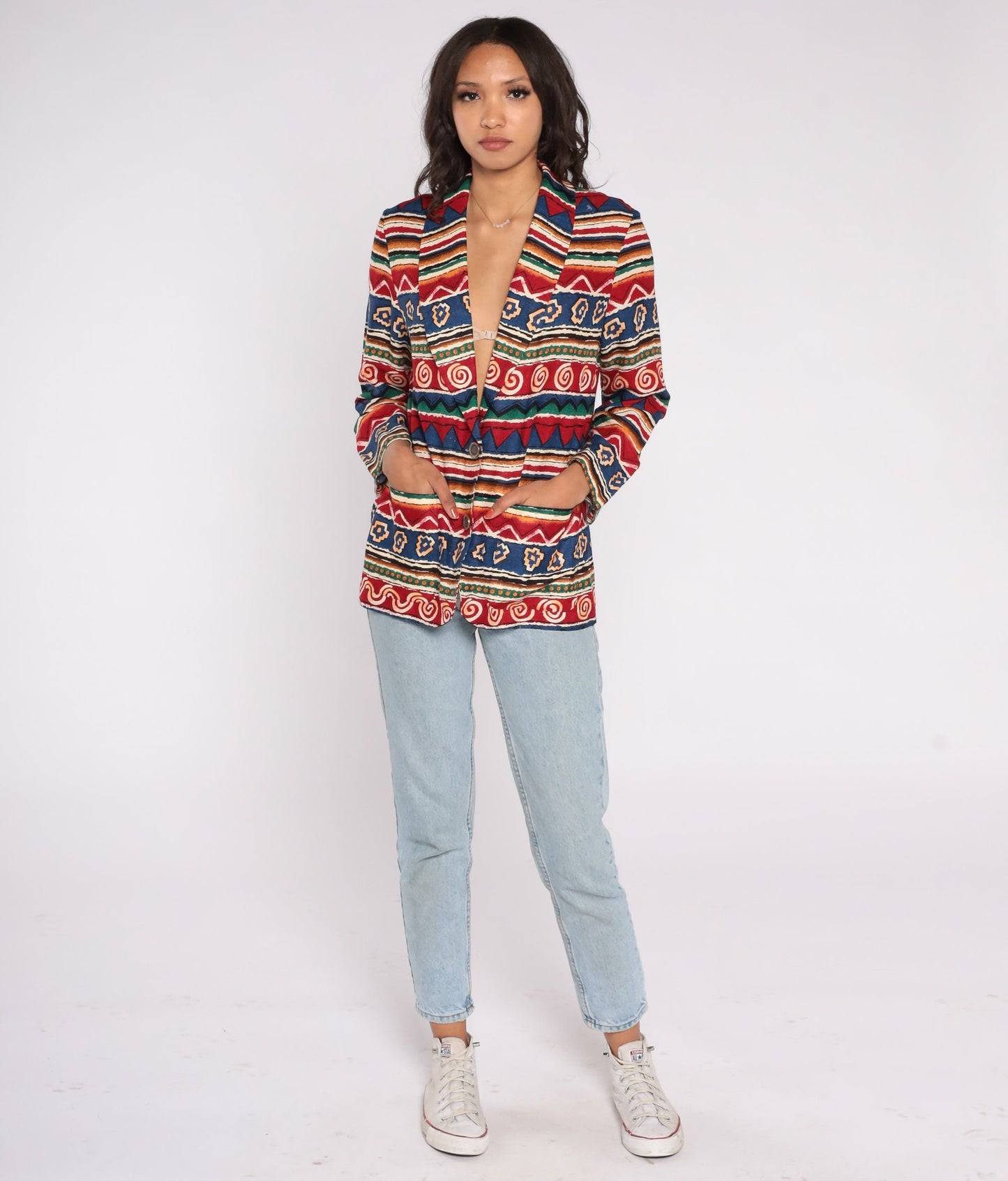 90s Southwestern Striped Blazer Red Blue Geometric Jacket Petite 8