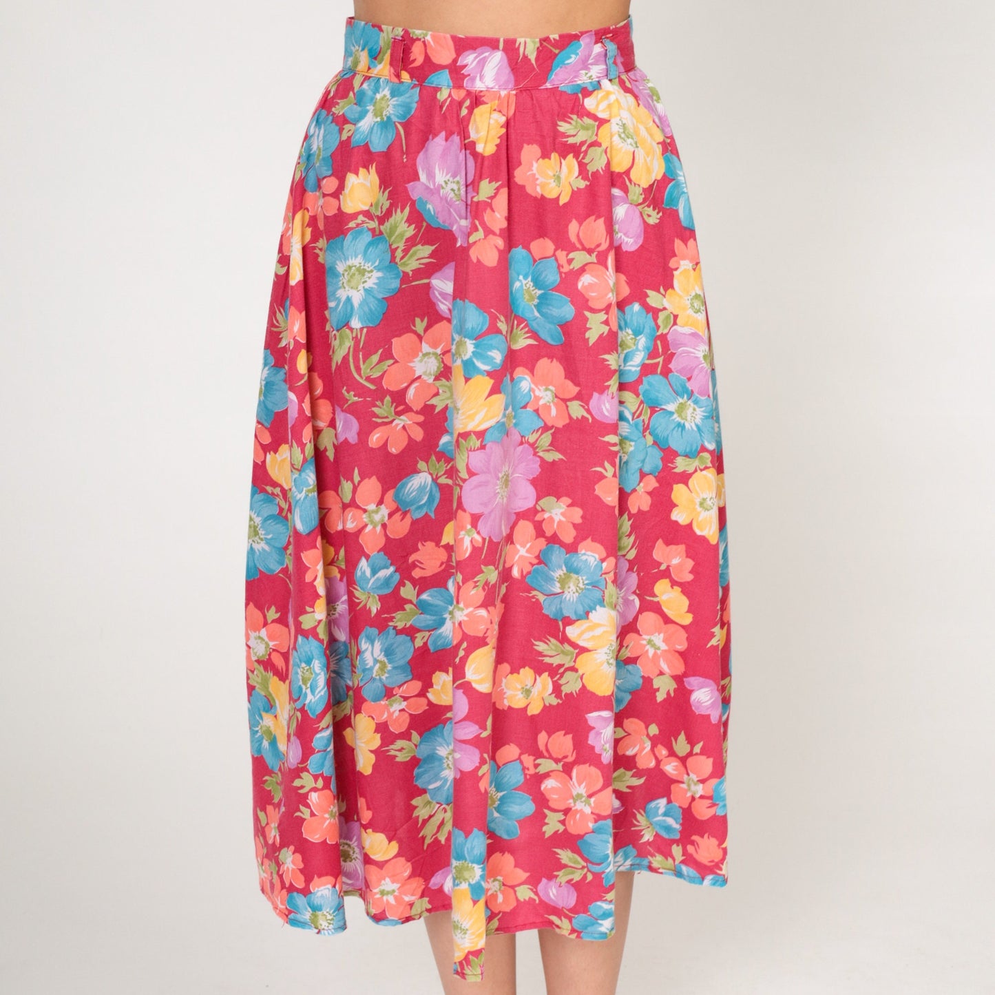 80s Byer California Floral Midi Skirt Red High-Waist Cotton Blend Extra Small