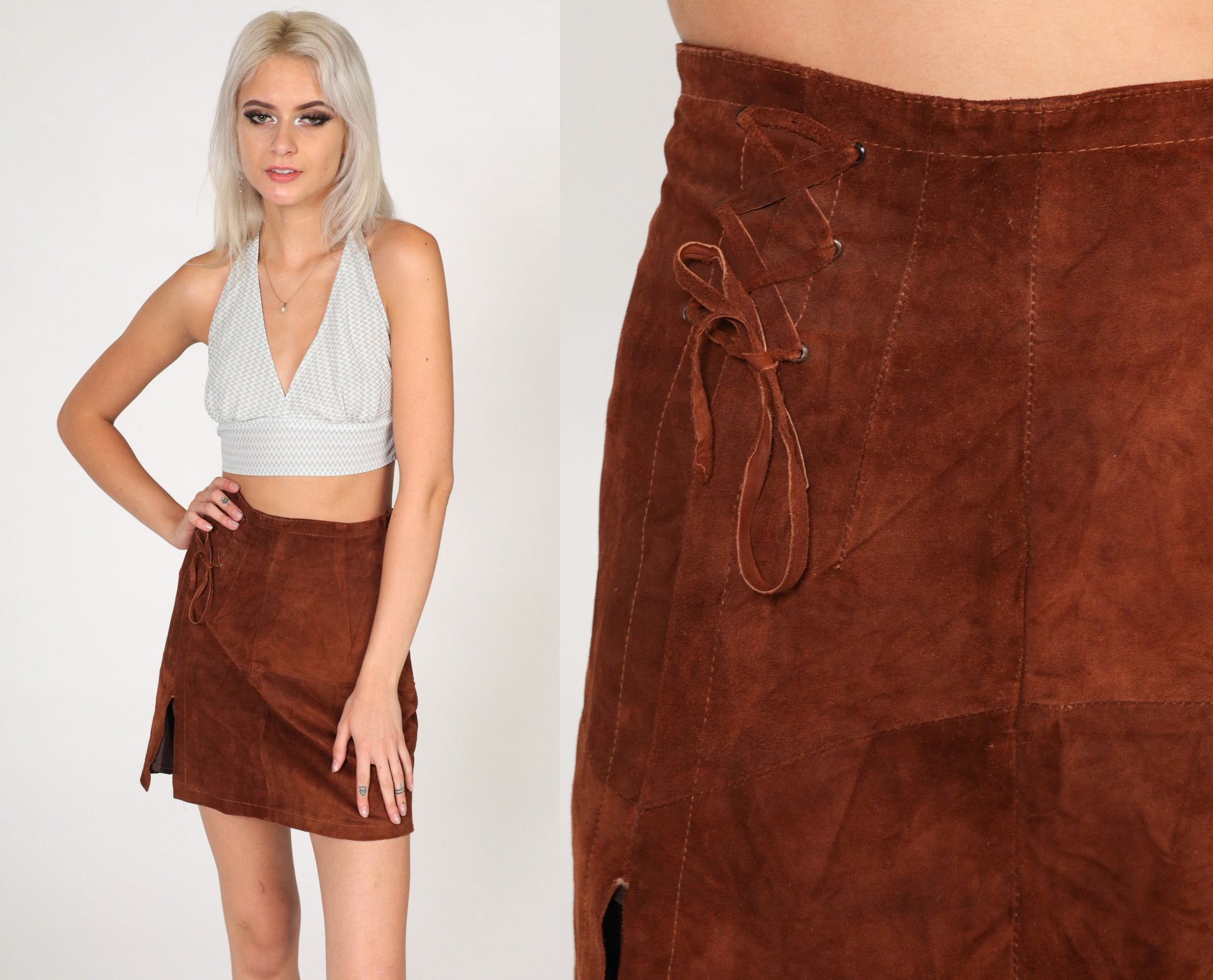 80s Brown Suede Mini Skirt High Waist Lace Up Pencil Cut Extra Small