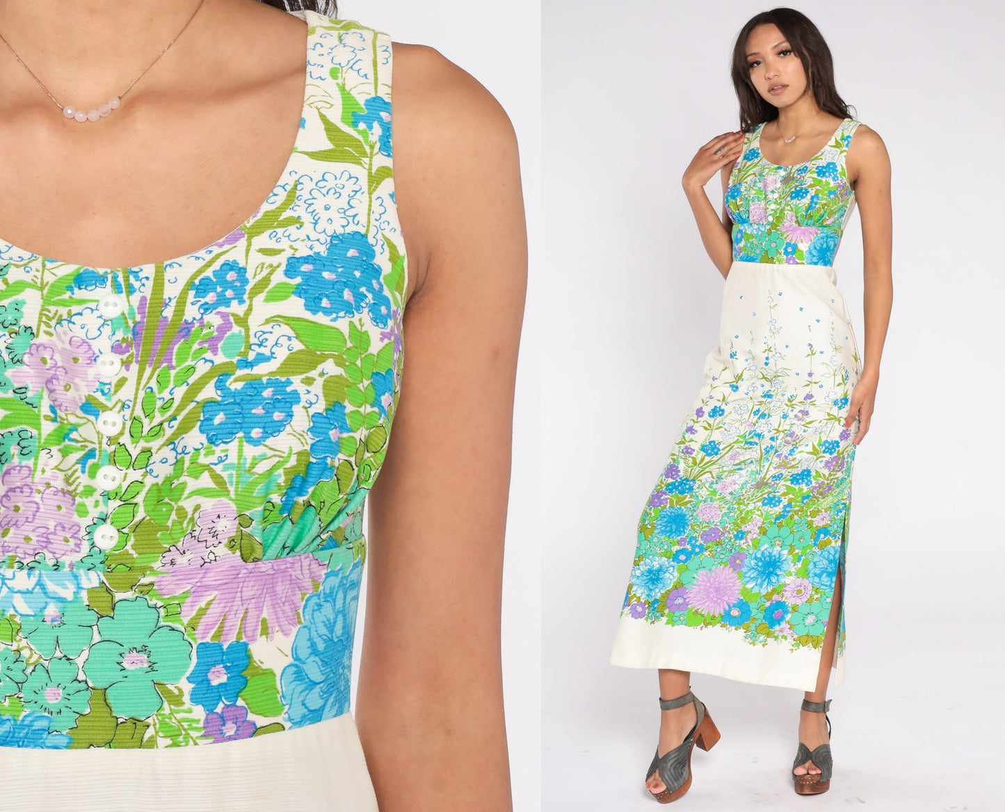 70s Floral Maxi Dress White Empire Waist Sleeveless Side Slit Extra Small