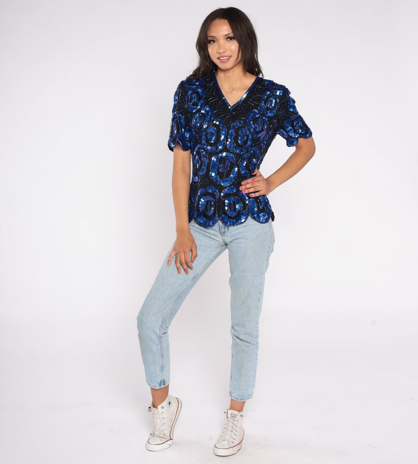 90s Black Silk Sequin Blouse Floral Beaded Short Sleeve Medium M