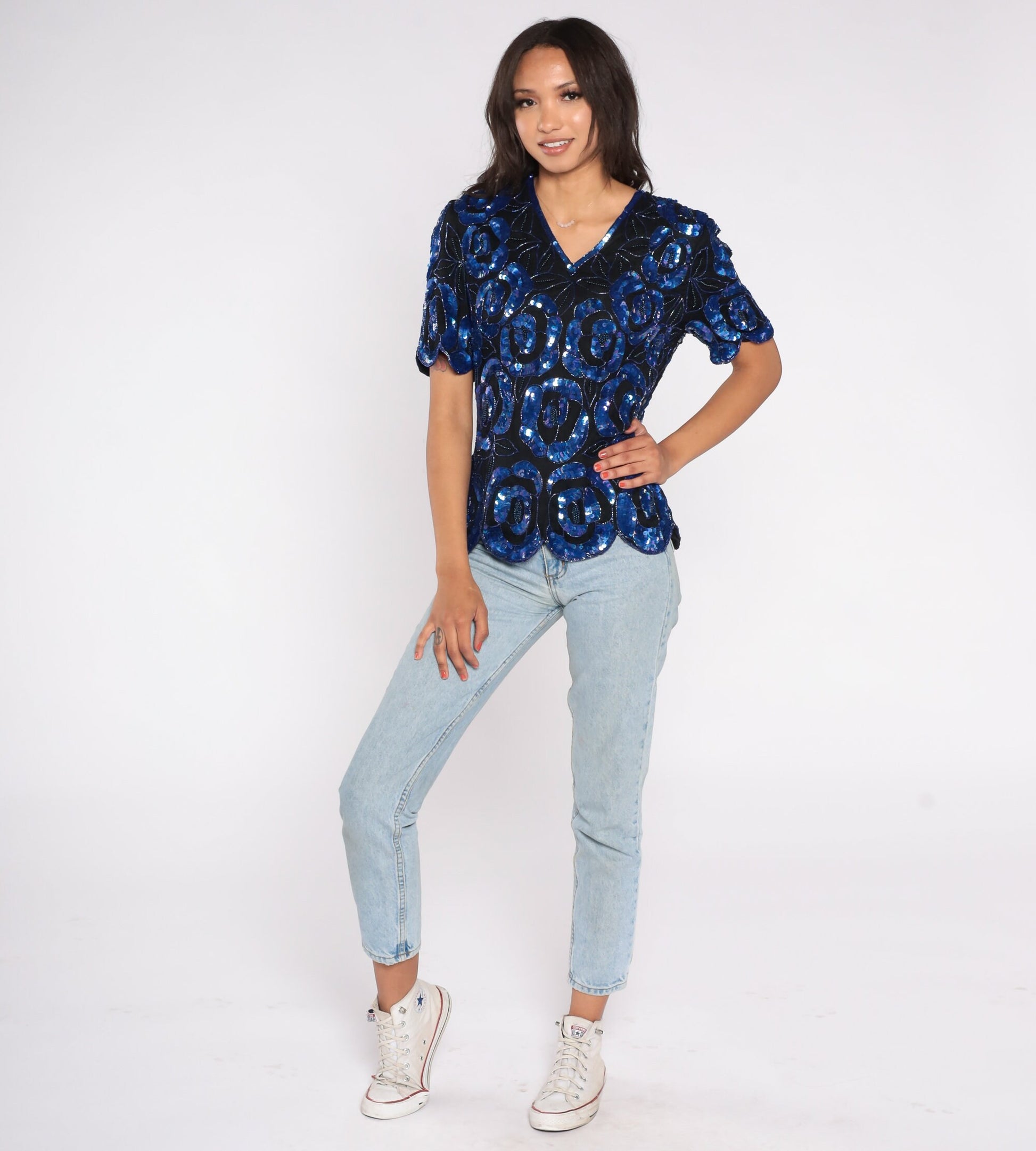 90s Black Silk Sequin Blouse Floral Beaded Short Sleeve Medium M