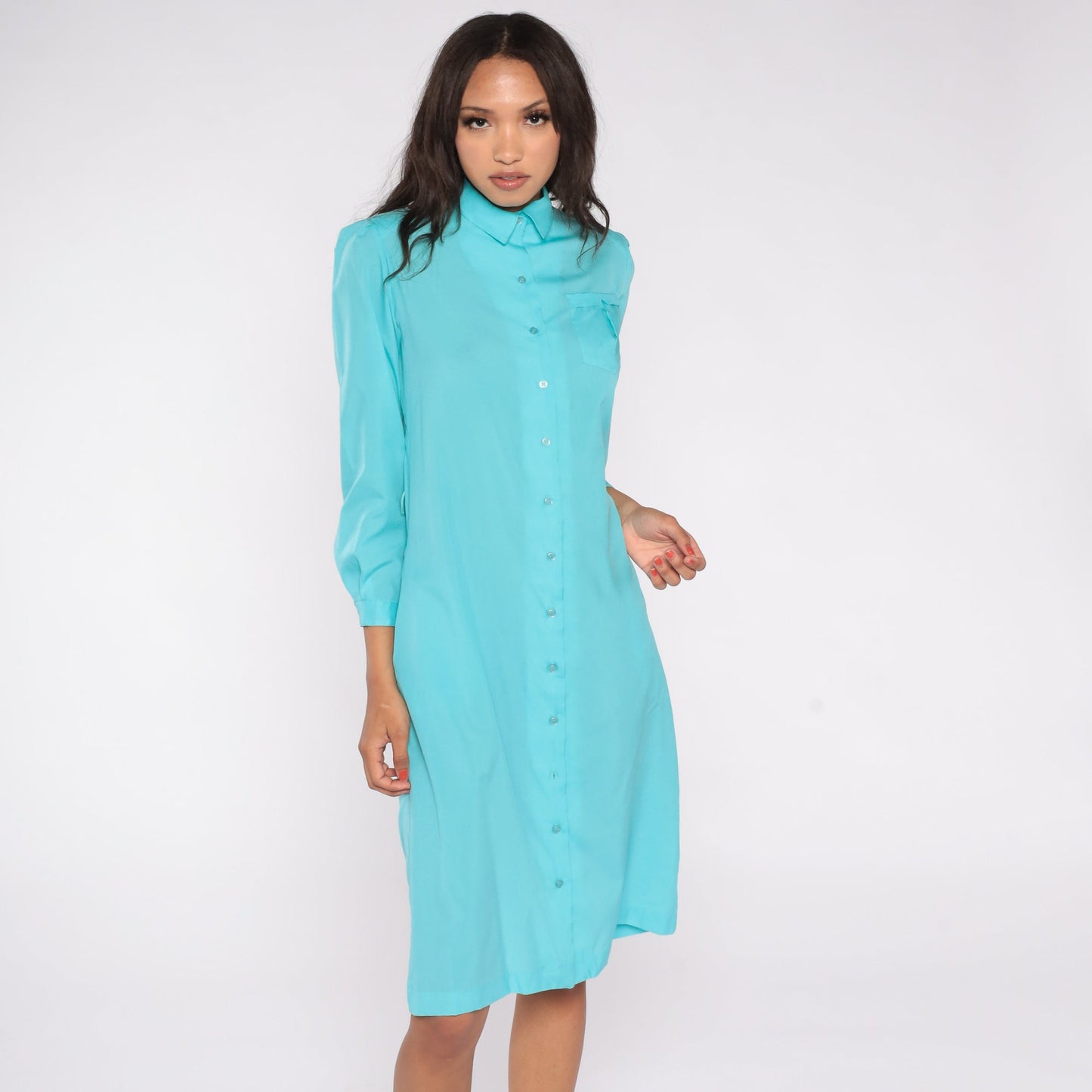 80s Spiegel Puff Sleeve Midi Shirtdress Turquoise Button-Up Medium 8