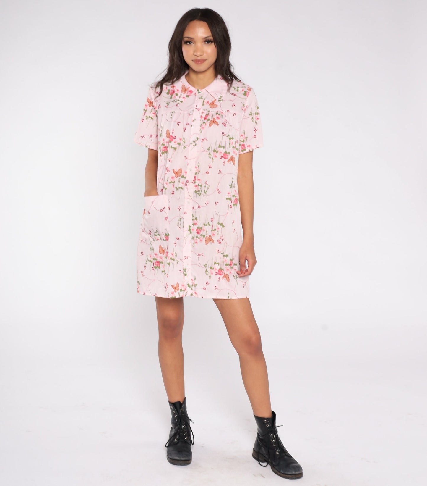 70s Baby Pink Butterfly Floral Mini Dress Snap Button Short Sleeve Medium Large