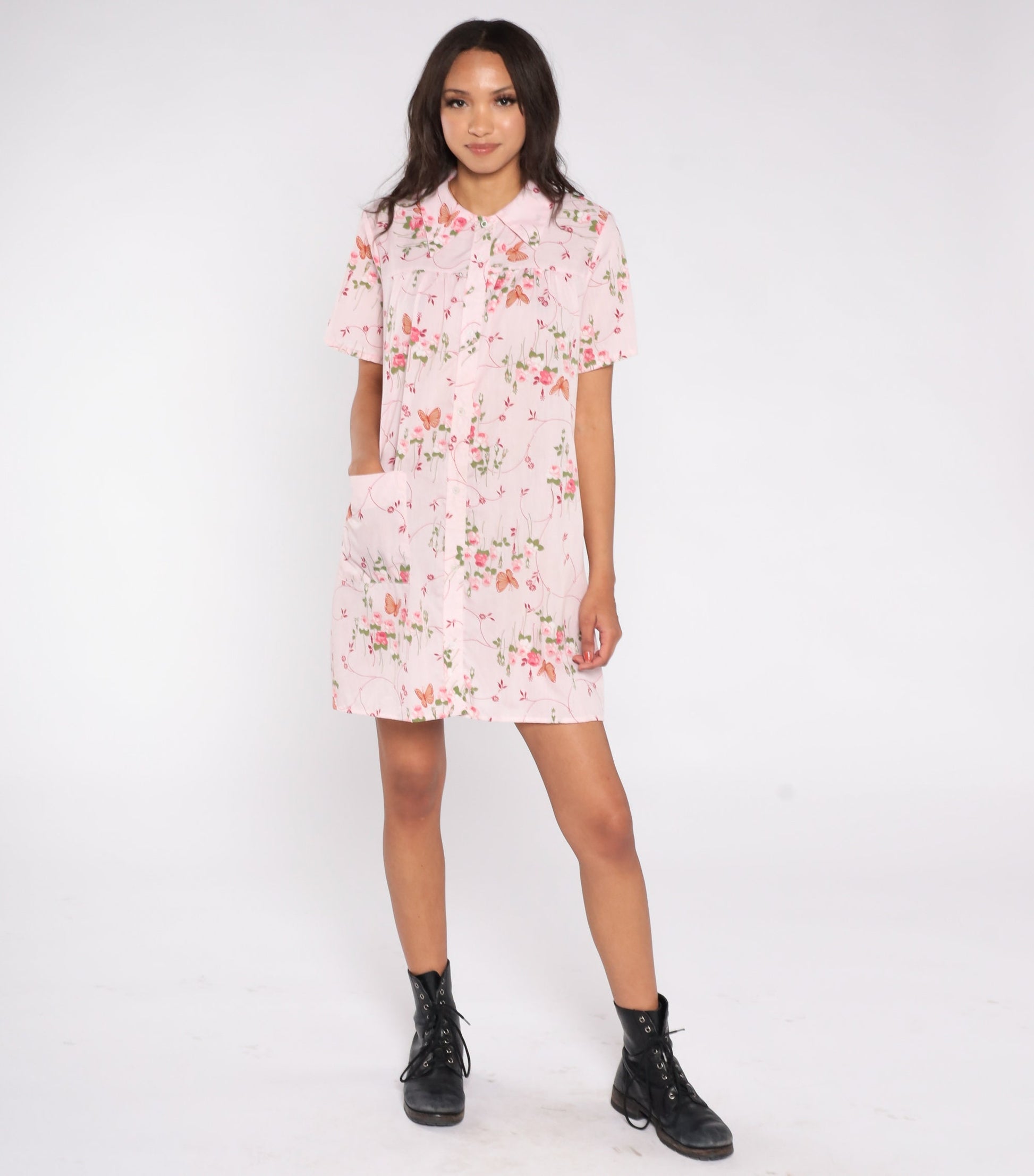 70s Baby Pink Butterfly Floral Mini Dress Snap Button Short Sleeve Medium Large