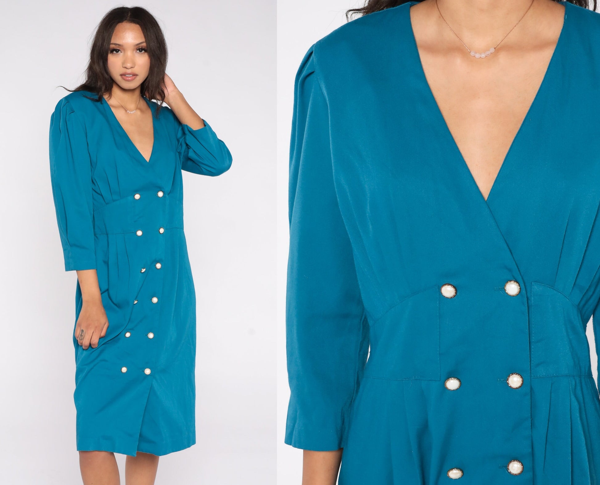 80s Stuart Alan Blue Midi Shift Dress Double Breasted Puff Sleeve Medium