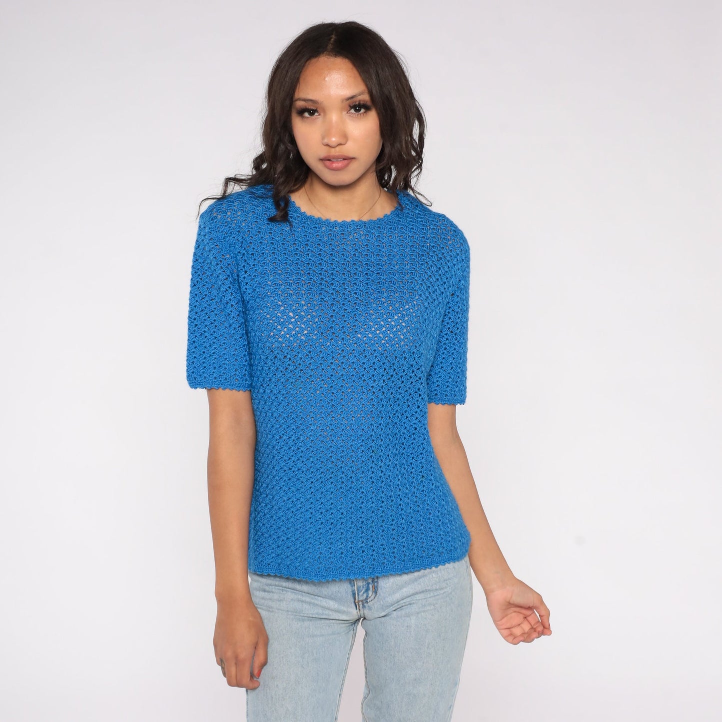 70s Blue Crochet Blouse Open Weave Short Sleeve Sheer Top Medium