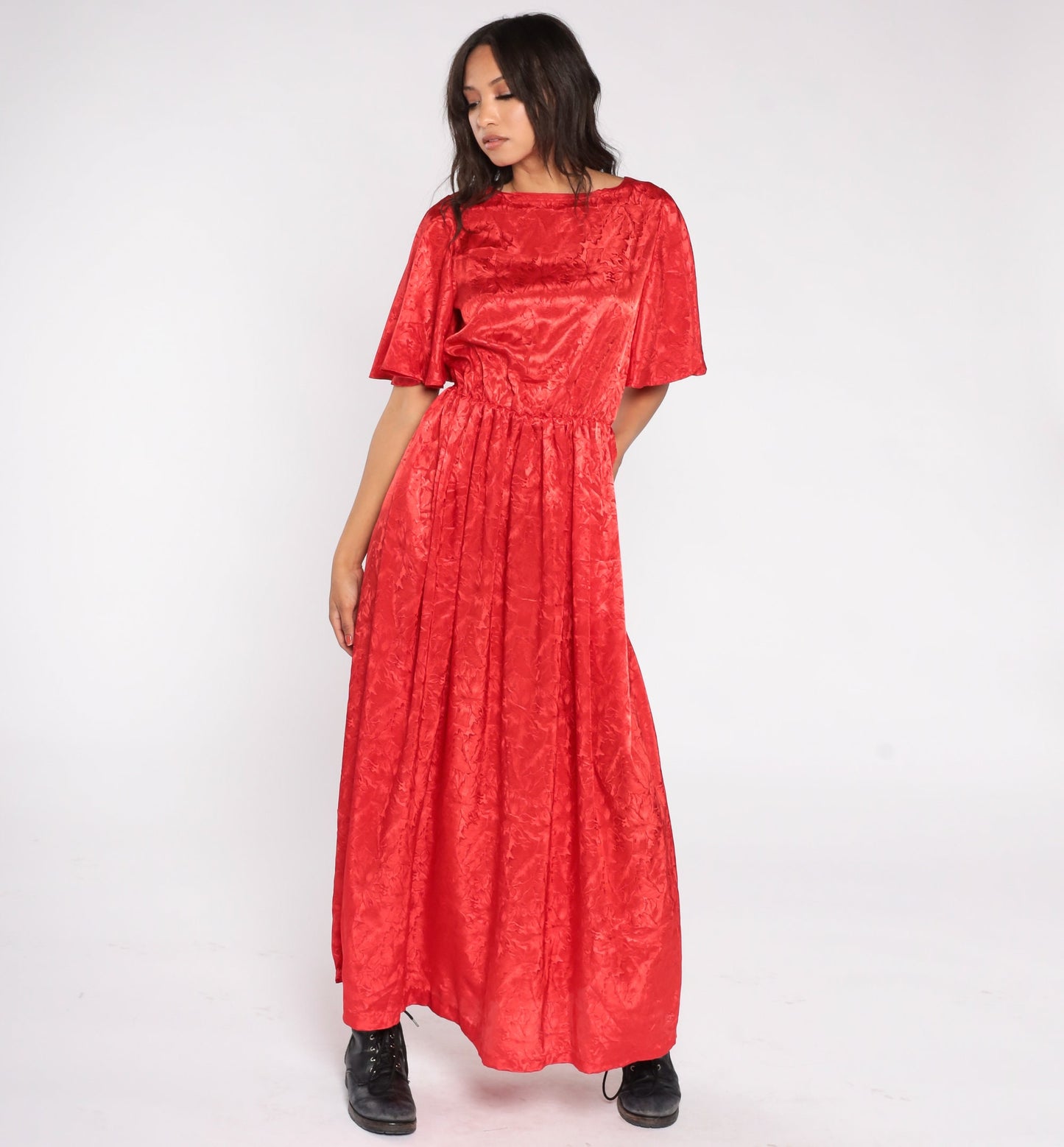 70s Red Maxi Dress Flutter Sleeve Embossed Tropical Floral High Waist Small