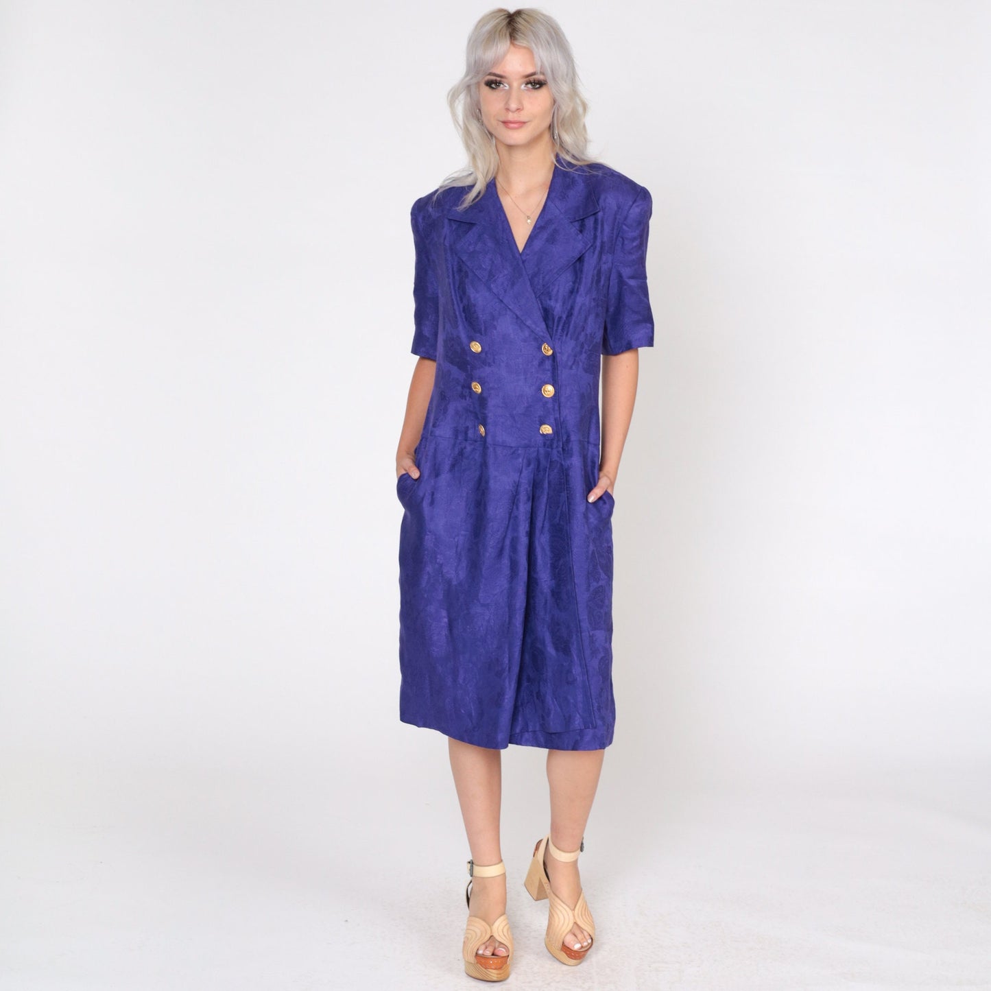 80s Albert Nipon Purple Linen Midi Dress Embossed Floral Wrap Button-Up Puff Sleeve Medium 8