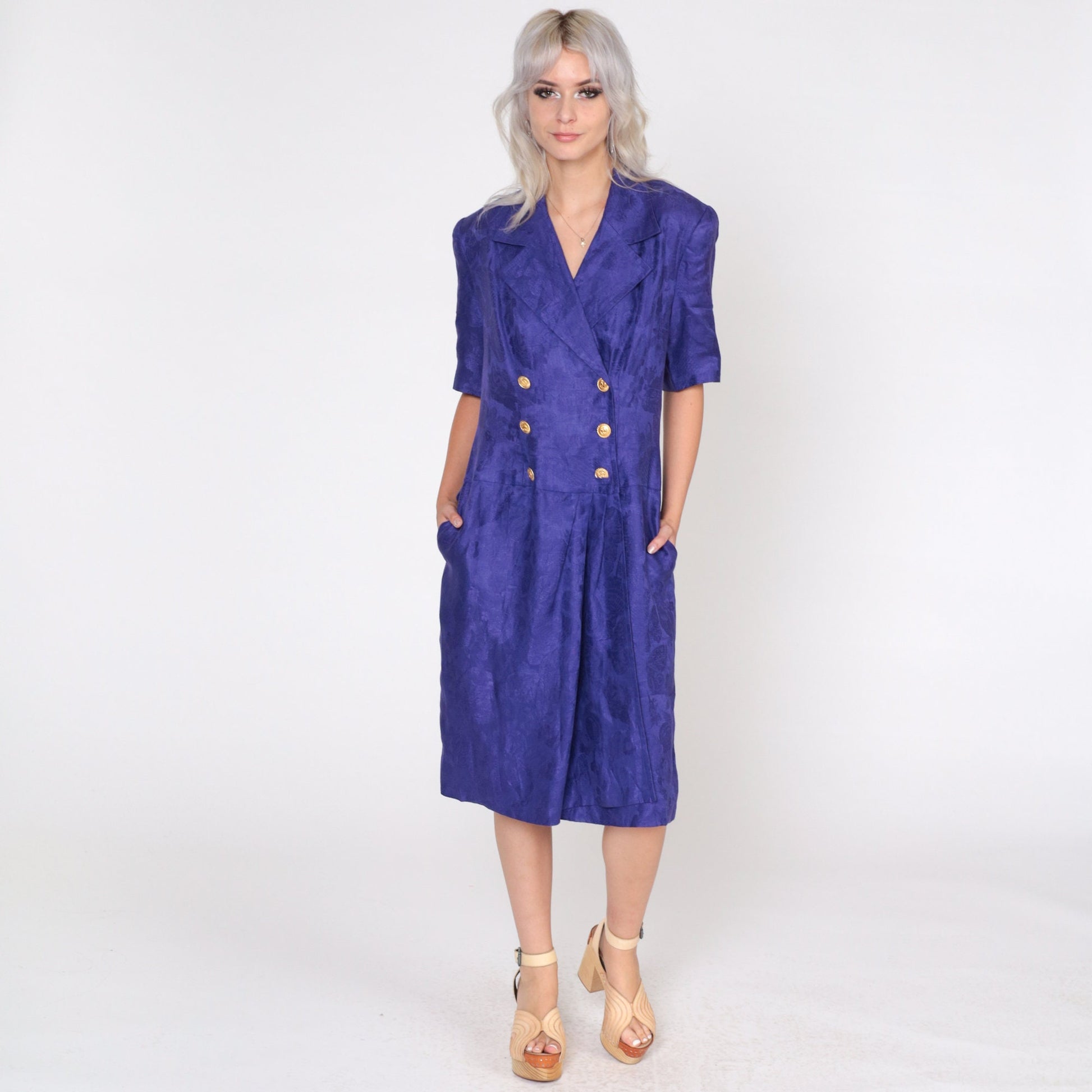 80s Albert Nipon Purple Linen Midi Dress Embossed Floral Wrap Button-Up Puff Sleeve Medium 8