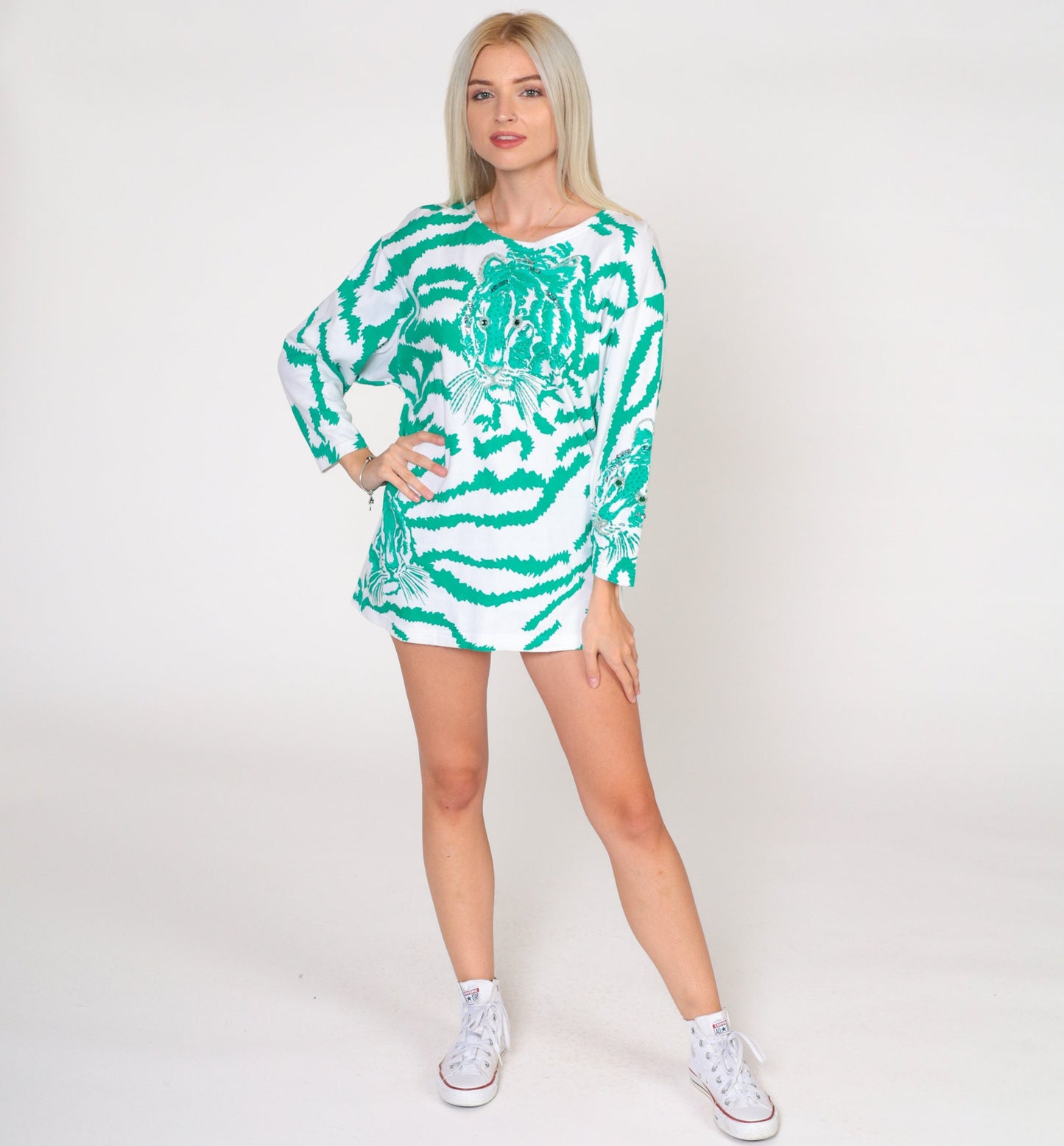 80s Beaded Tiger T-Shirt Sequined Animal Graphic Tee Green White Small