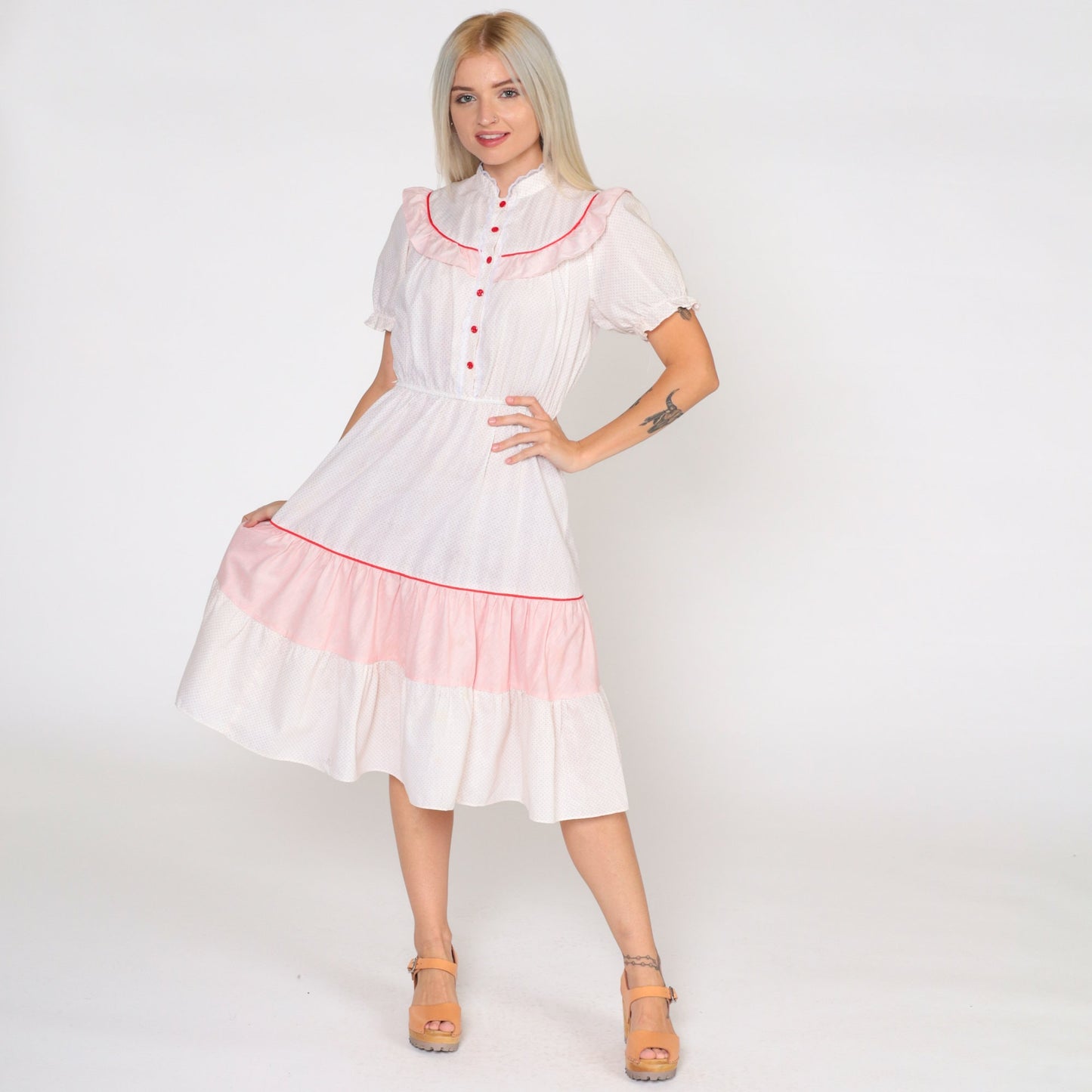 70s White Red Polka Dot Prairie Dress Puff Sleeve High Waist Button Front Small