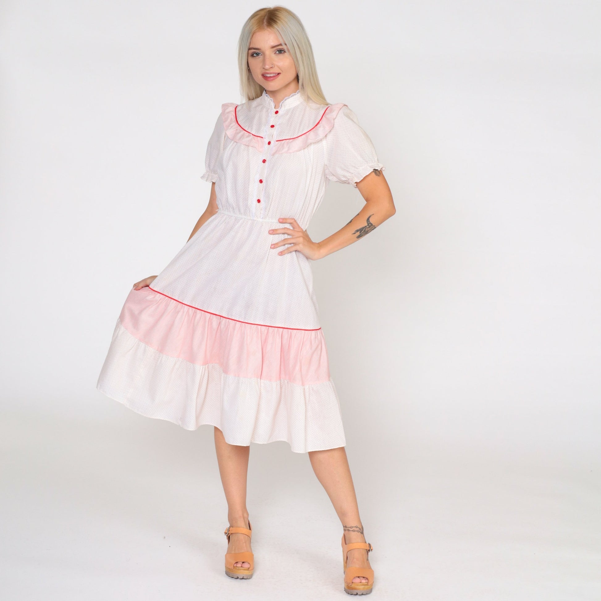 70s White Red Polka Dot Prairie Dress Puff Sleeve High Waist Button Front Small