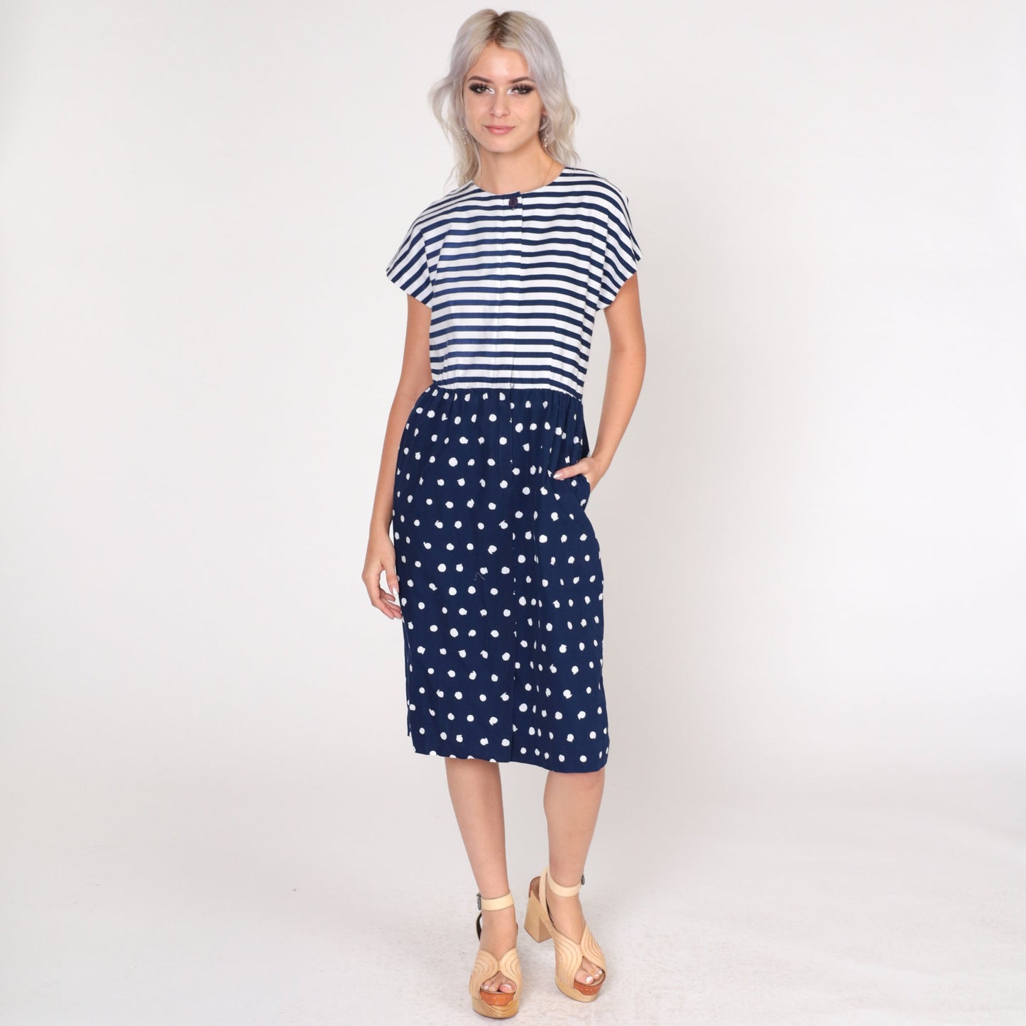 80s California Girl Petites Day Dress Blue White Striped Polka Dot Knee Length Small
