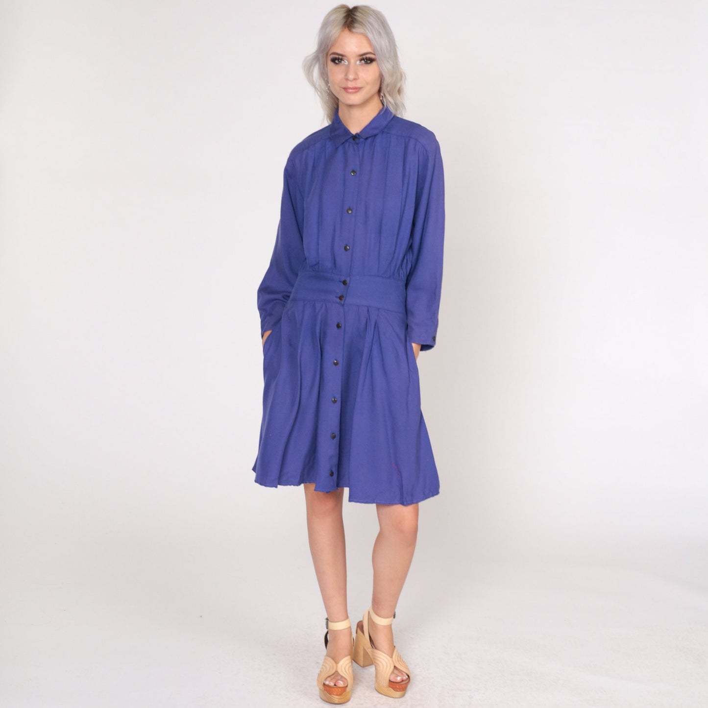80s Moda International Purple Mini Dress Button-Up Collared High-Waisted Small