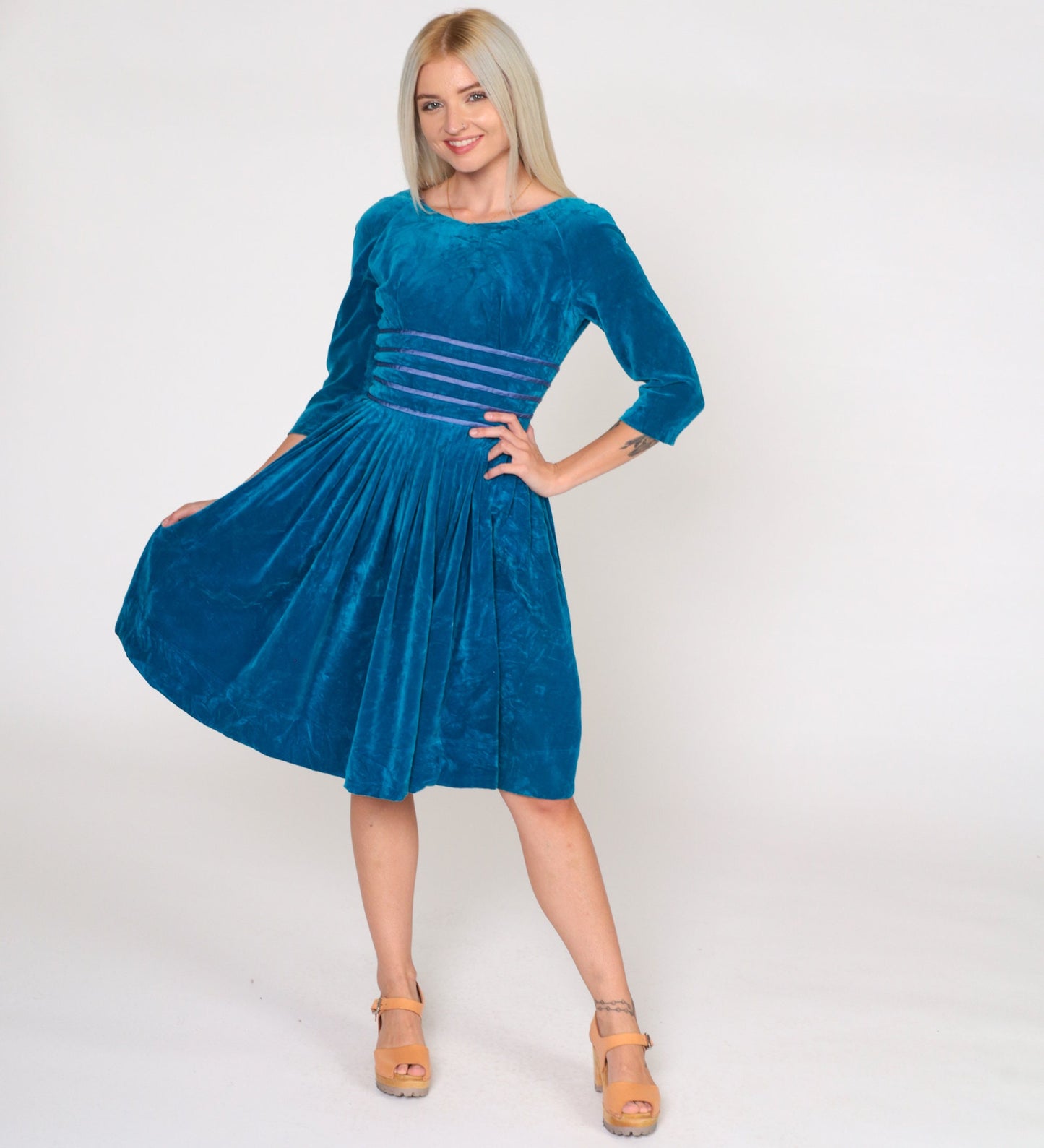 60s Blue Velvet Party Dress Empire Waist Pleated Mini 3/4 Sleeve XXS