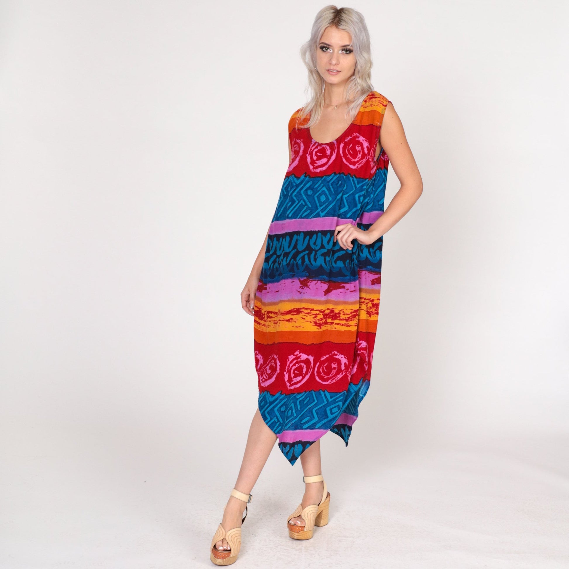 00s Meant to Be Midi Dress Sharkbite Hem Striped Abstract Print Sleeveless Large