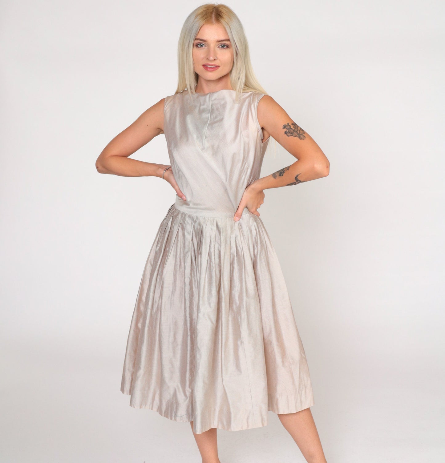 60s Frolic Time Pinstriped Pleated Midi Dress High Waist White Brown Small