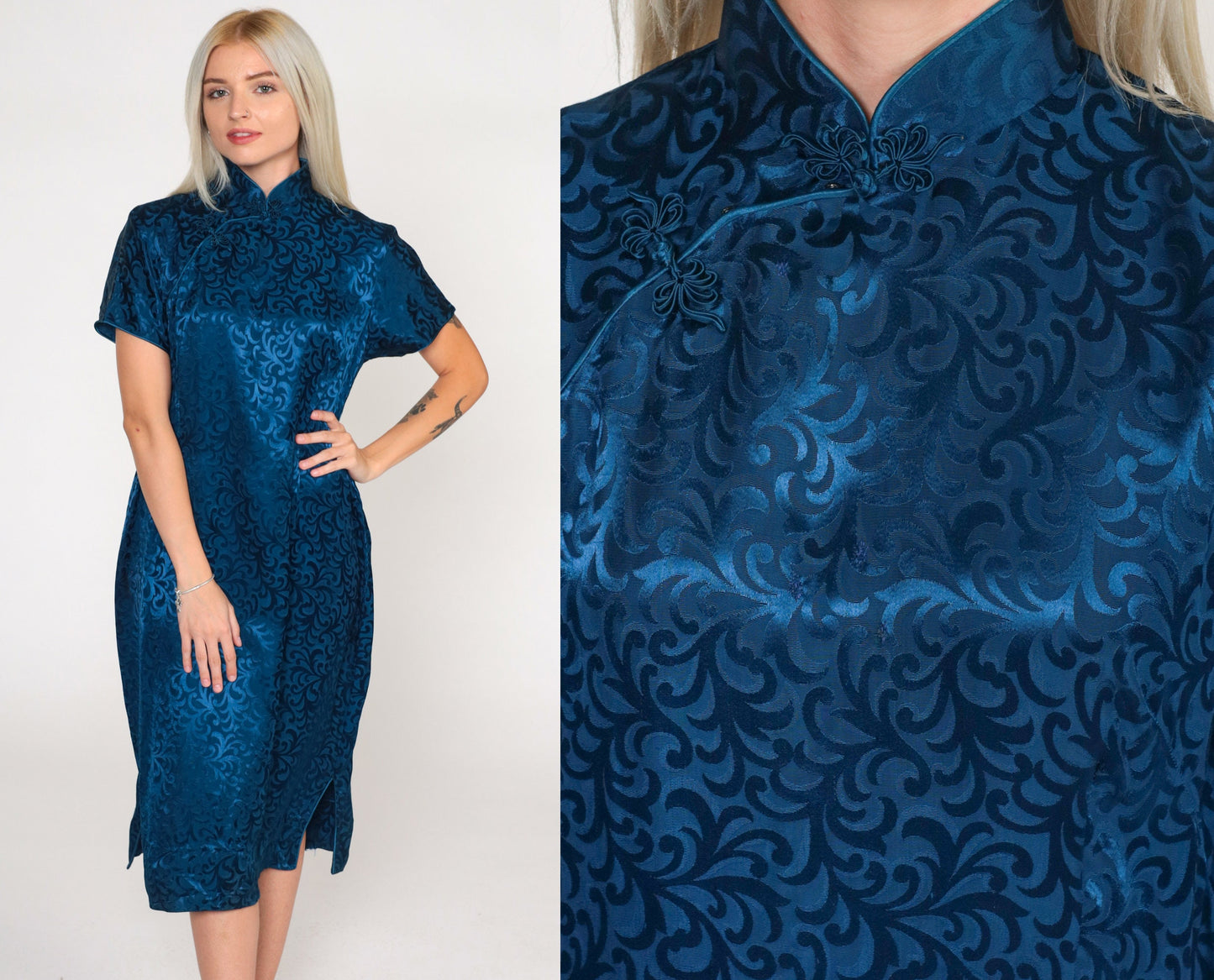 70s Dark Blue Cheongsam Midi Dress Mandarin Collar Embossed Print Medium
