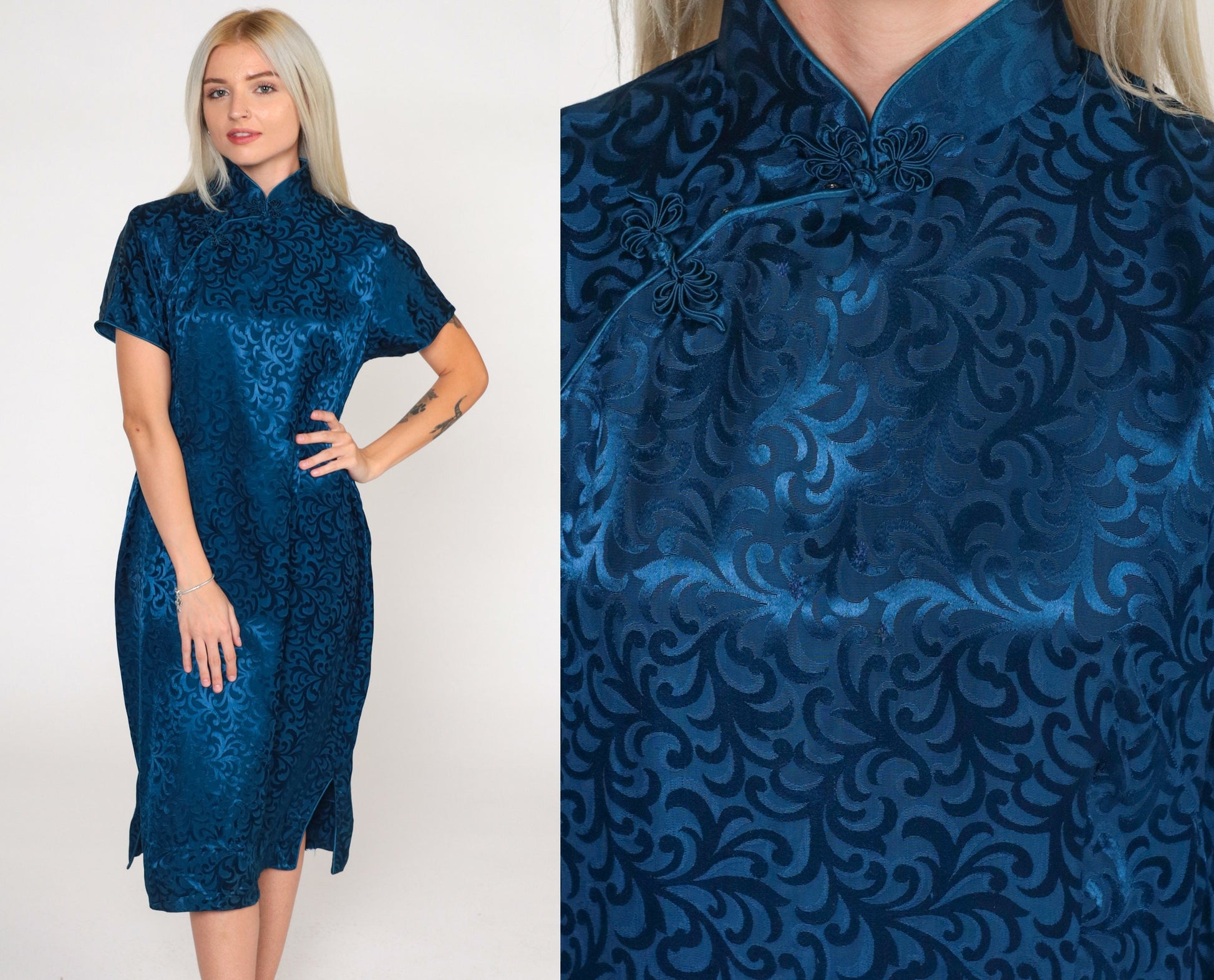 70s Dark Blue Cheongsam Midi Dress Mandarin Collar Embossed Print Medium