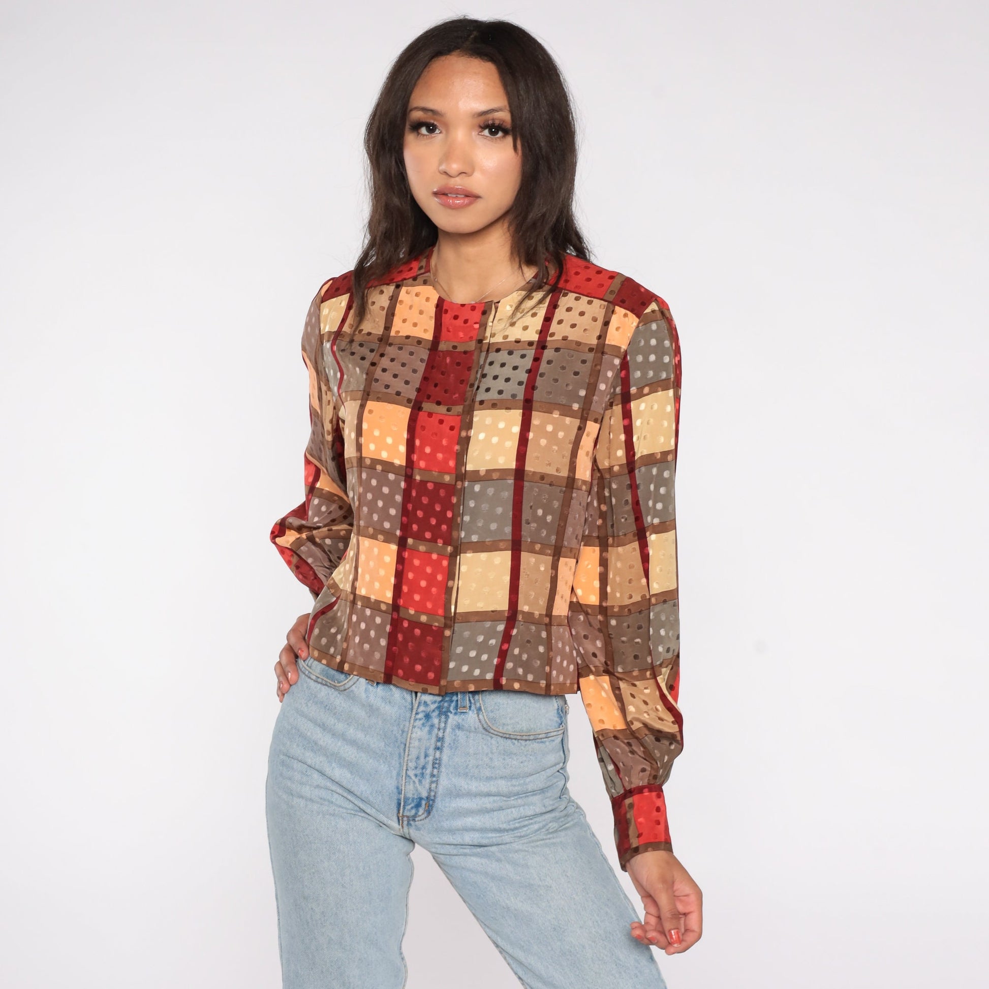 80s Checkered Hidden Button Blouse Long Sleeve Red Yellow Small S