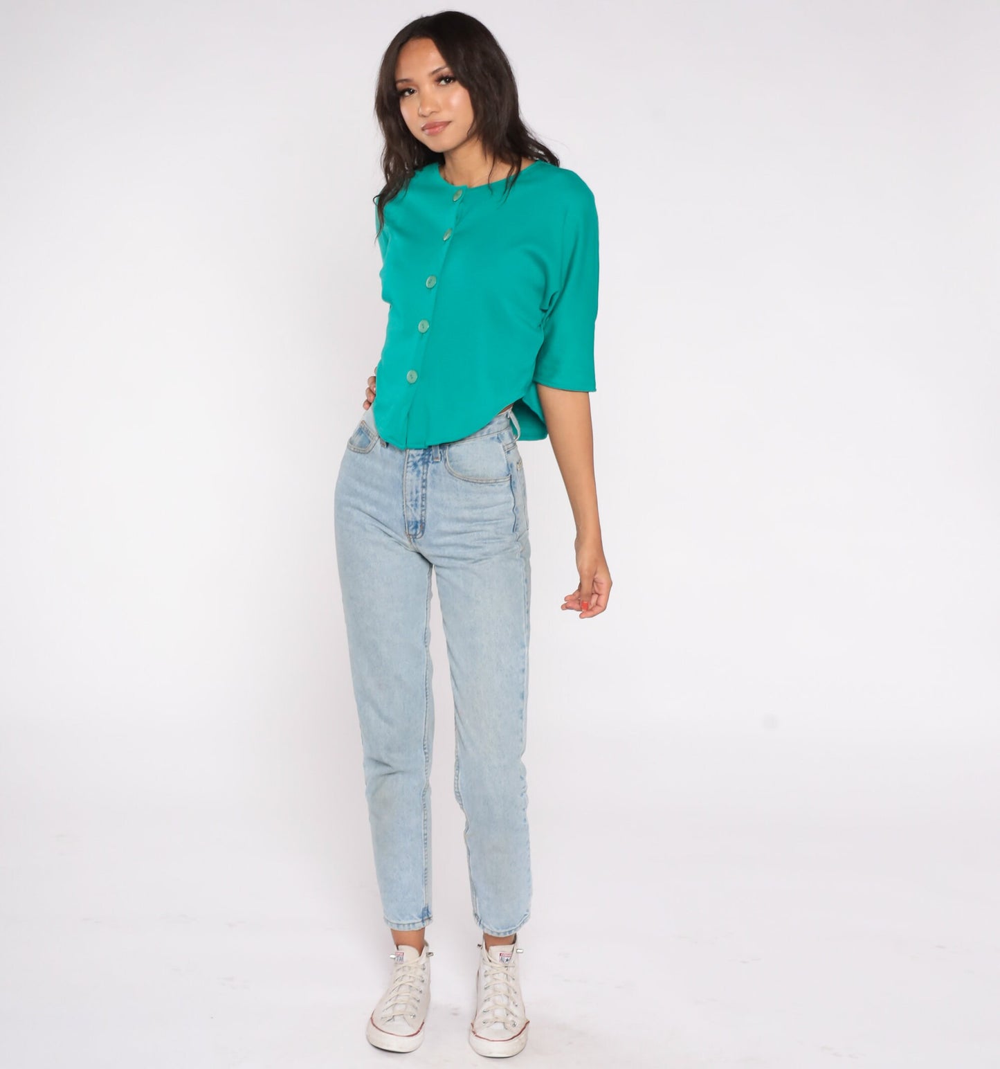 80s Teal Button-Up Crop Top Blouse Short Sleeve High Side Slit Medium Large