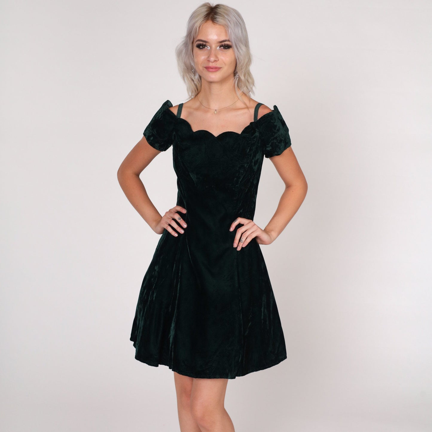 90s Dark Green Velvet Mini Dress Scalloped Off-Shoulder Small