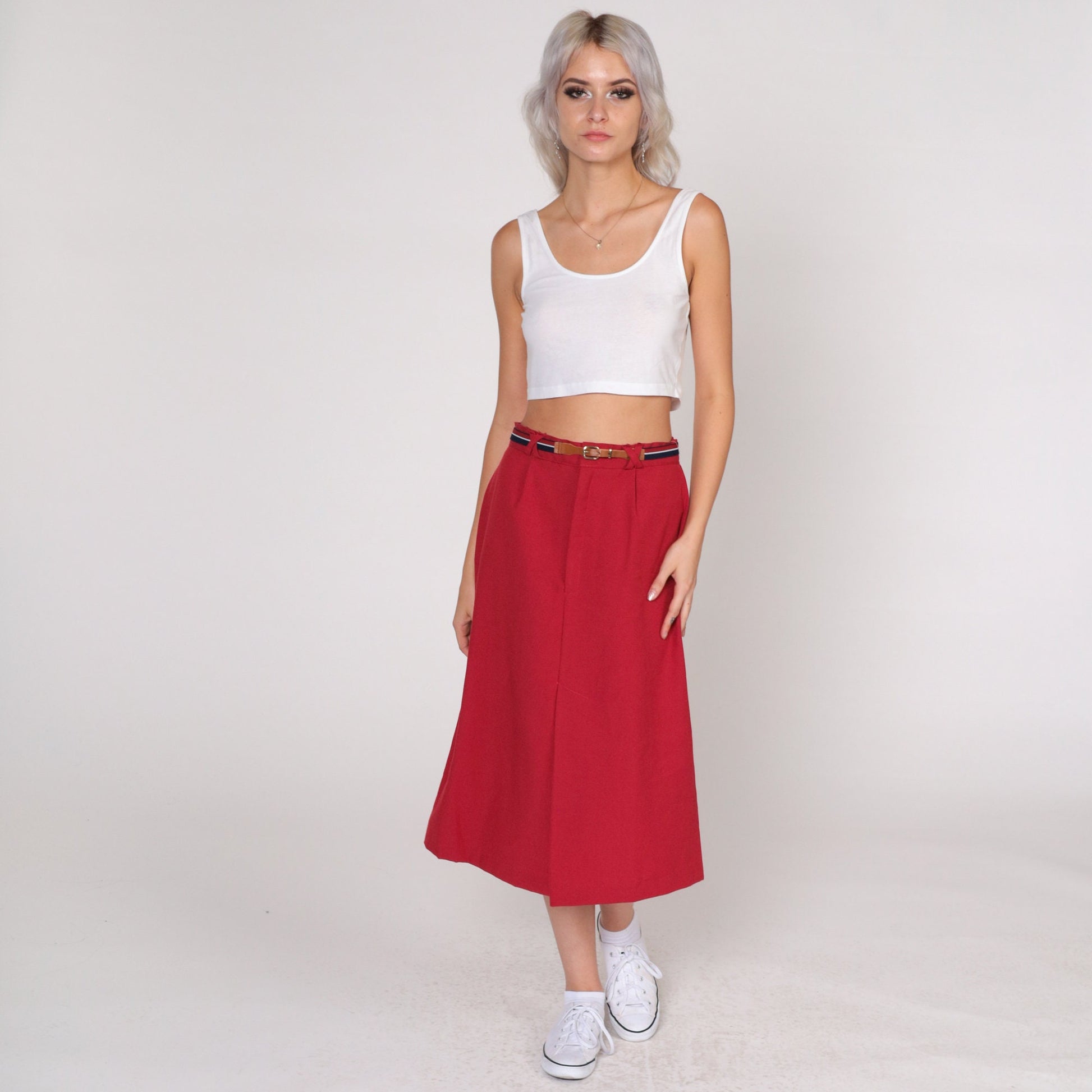 80s Cleveland Street Togs Red Midi Skirt High Waist A-Line Small