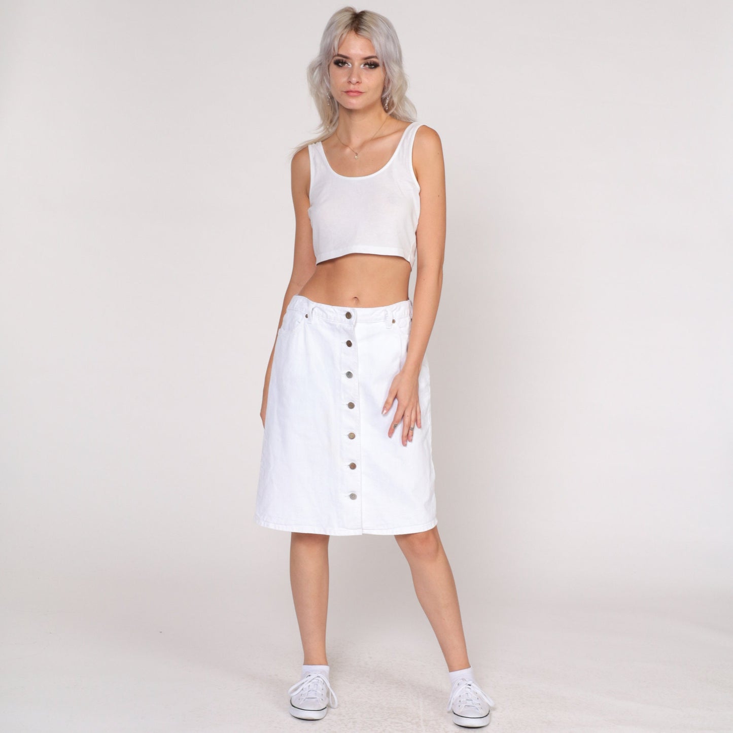 90s Guess White Denim Mini Skirt High Waisted Button Front Small 28