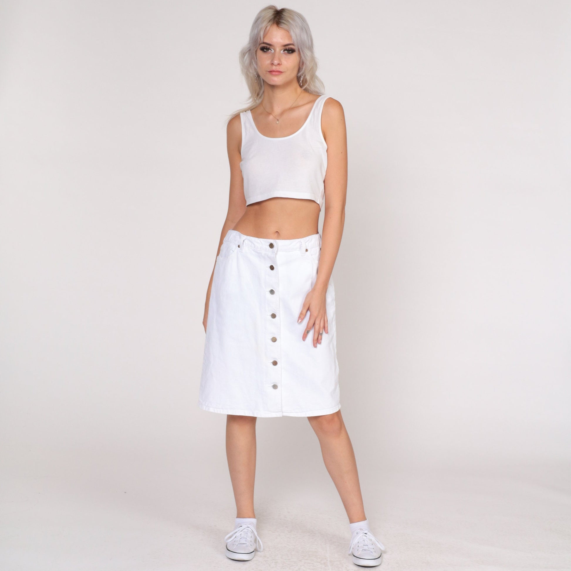 90s Guess White Denim Mini Skirt High Waisted Button Front Small 28