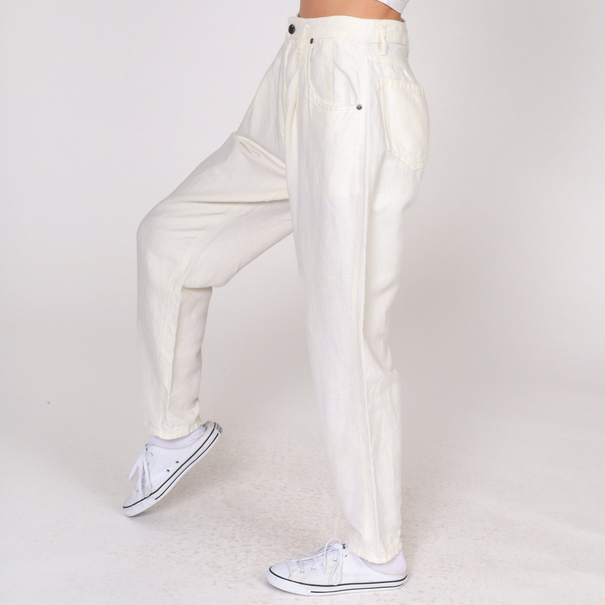 80s Cream Linen Pleated High-Waist Trousers Tapered Leg Small S