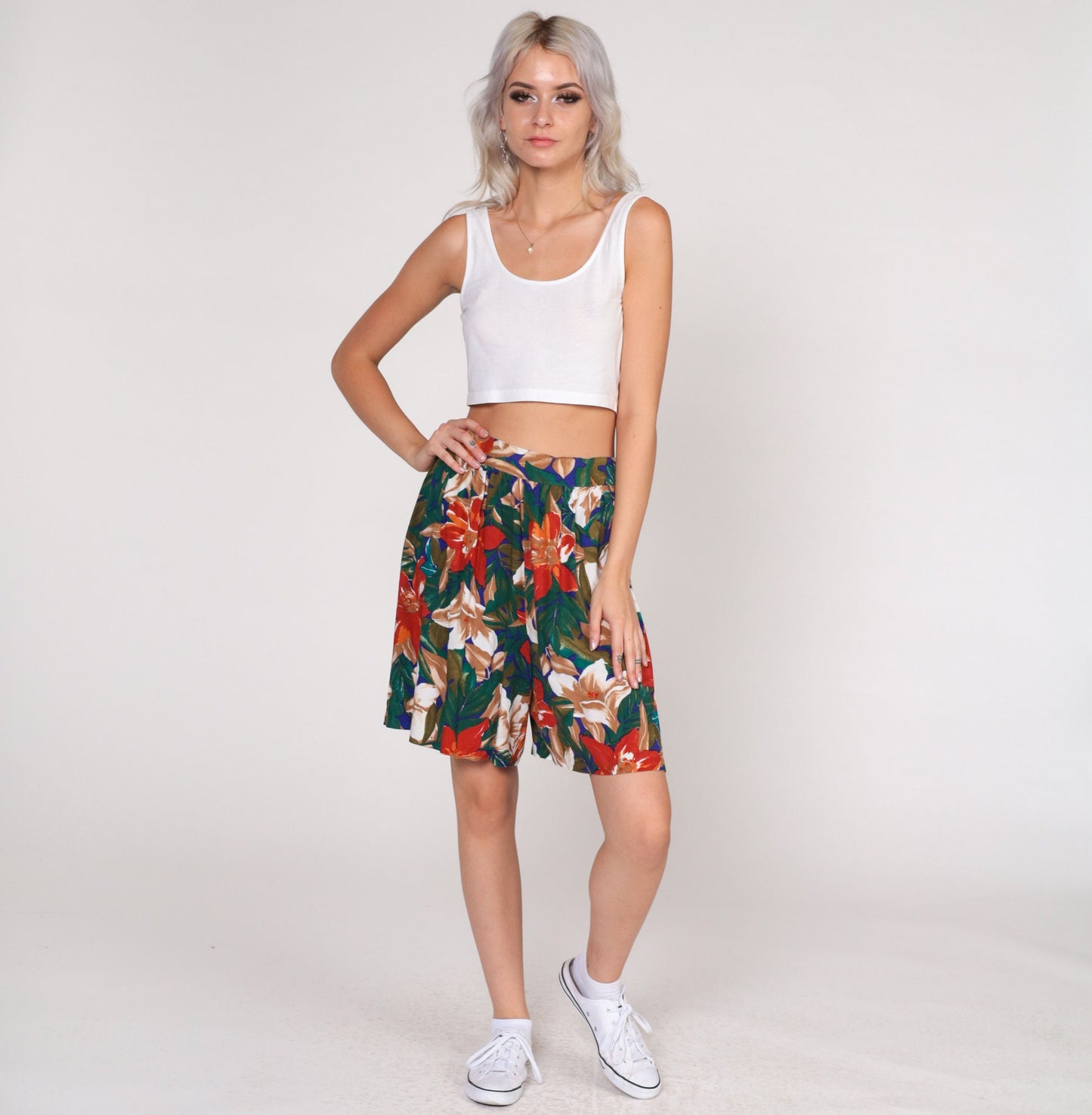 90s Tropical Floral Hibiscus Pleated High-Waist Shorts Rayon Medium M