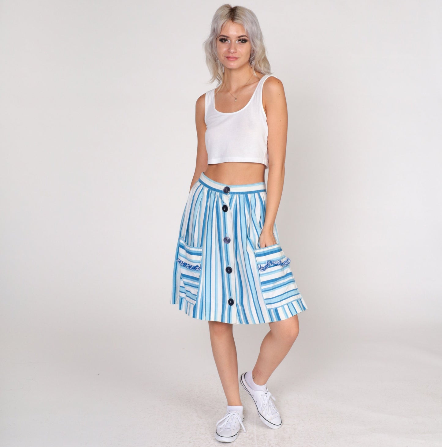 60s Striped Mini Skirt Blue White Button Front Pockets Cotton Extra Small