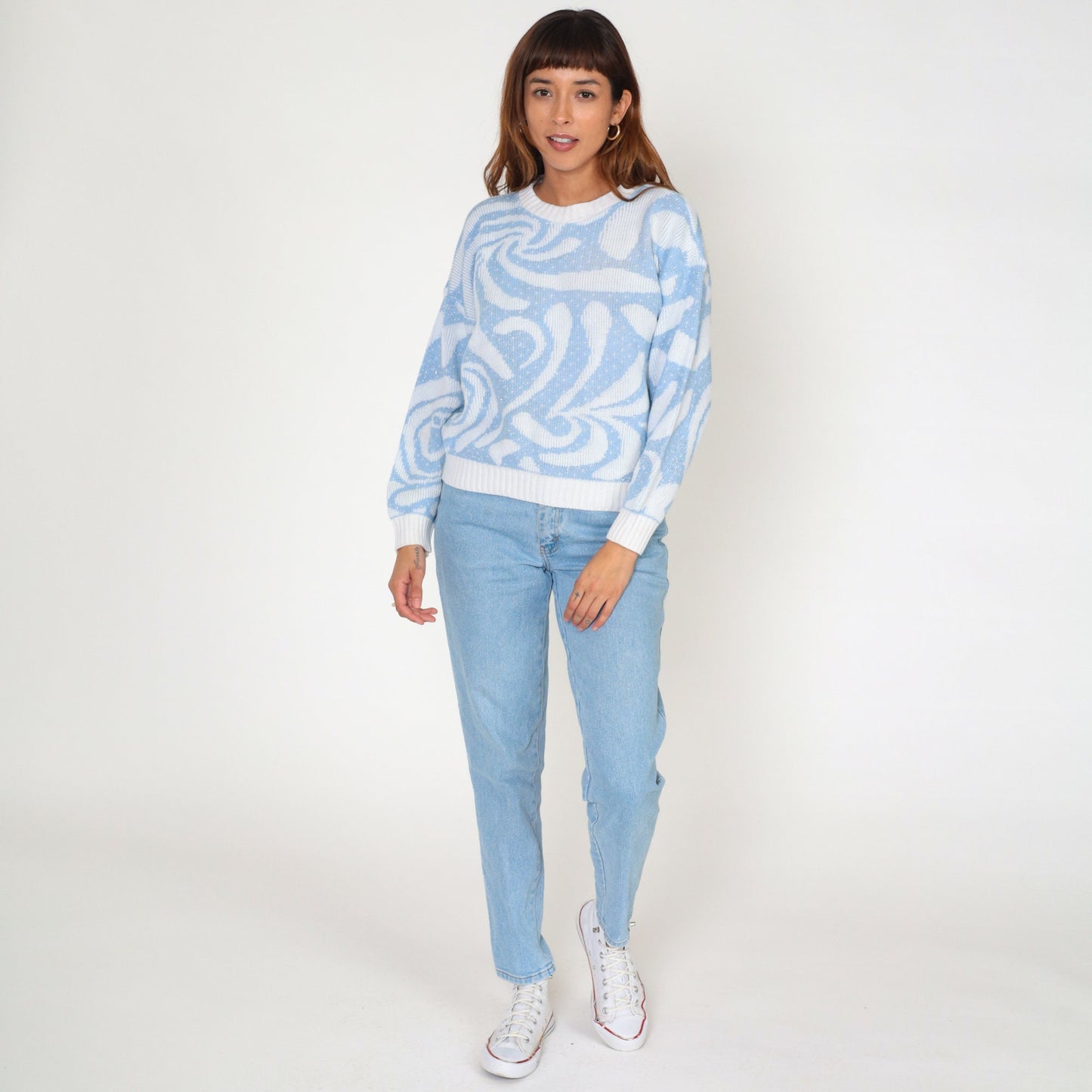 80s Baby Blue White Swirl Abstract Knit Crewneck Sweater Small