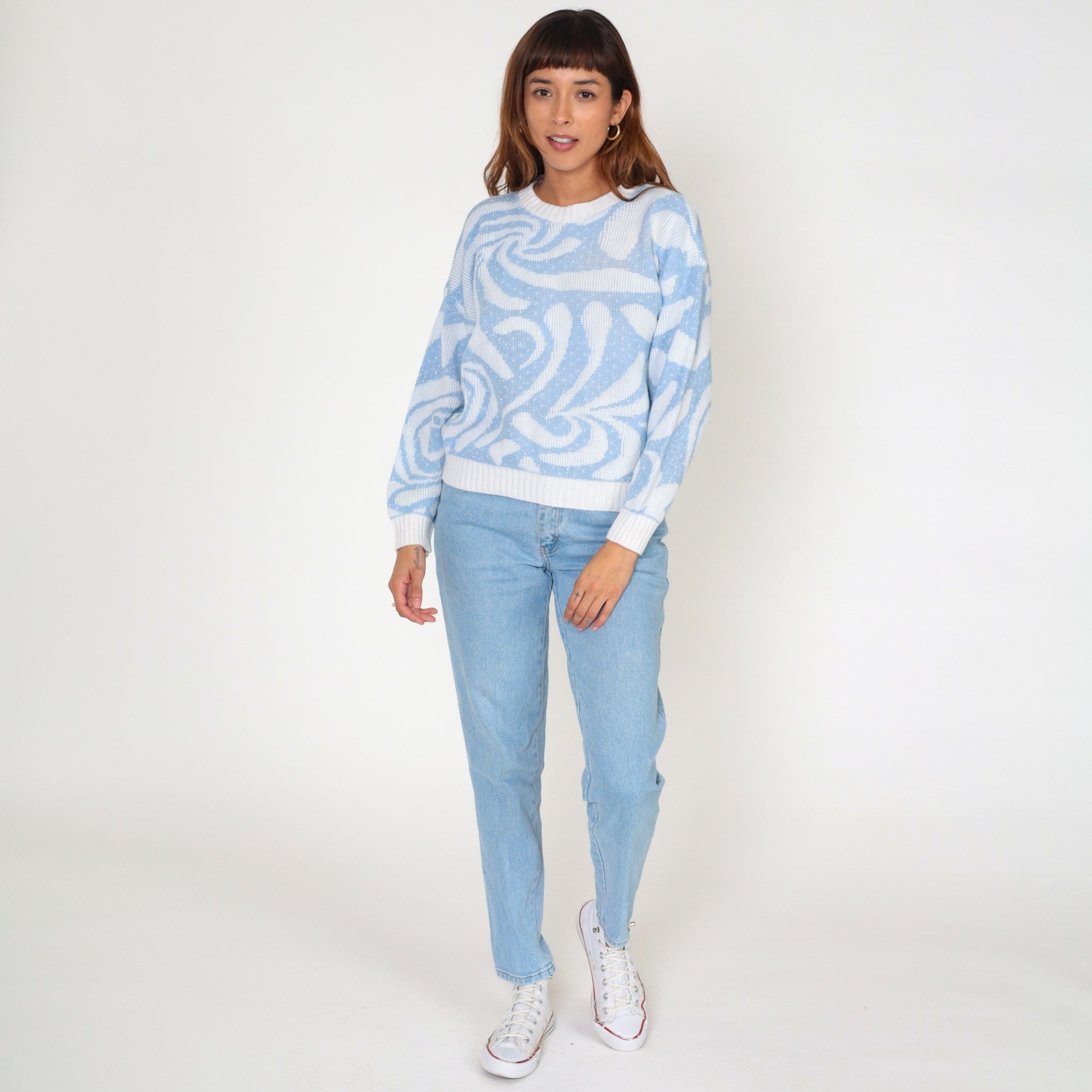 80s Baby Blue White Swirl Abstract Knit Crewneck Sweater Small