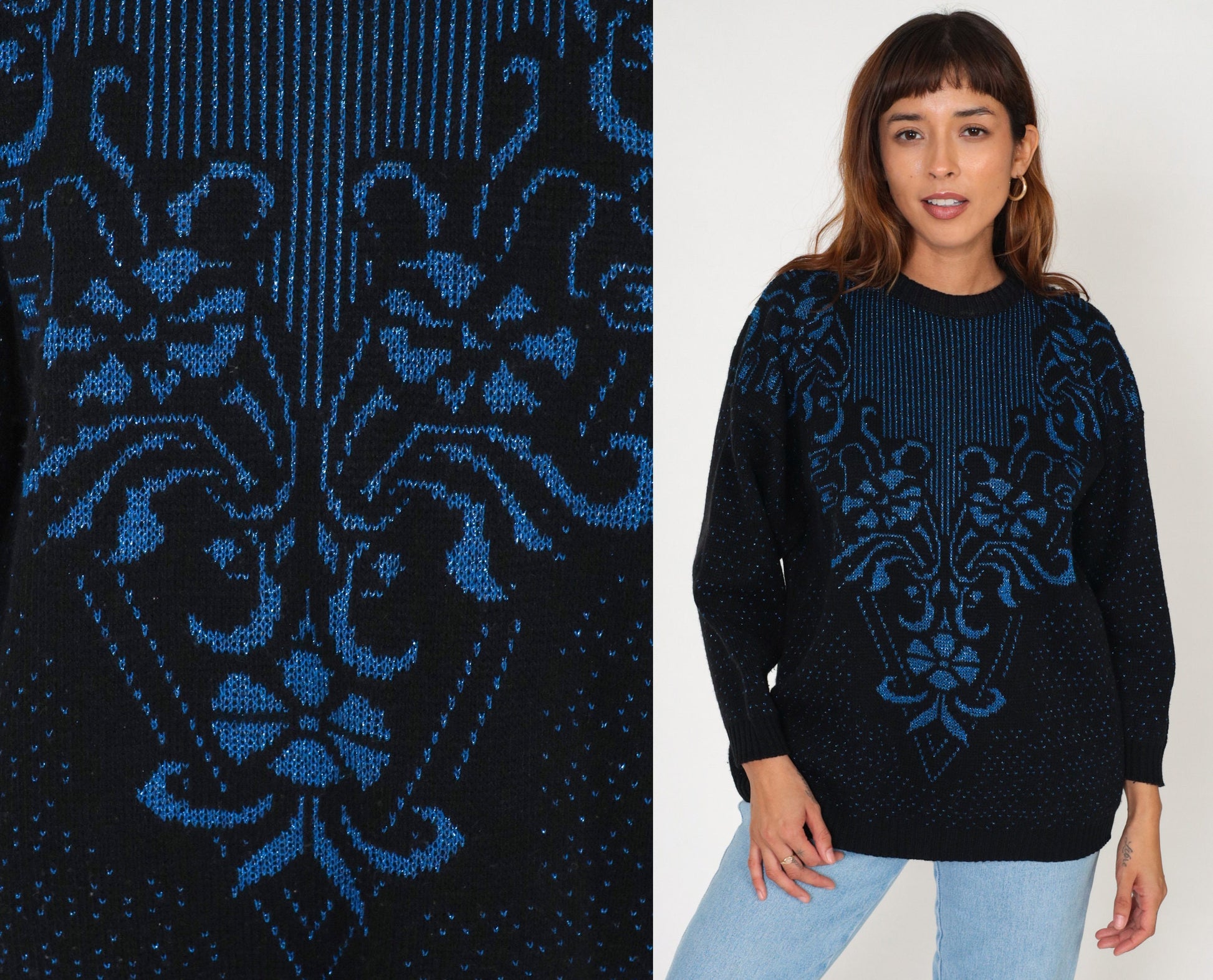 80s Metallic Floral Knit Sweater Black Blue Sparkly Pullover Medium M
