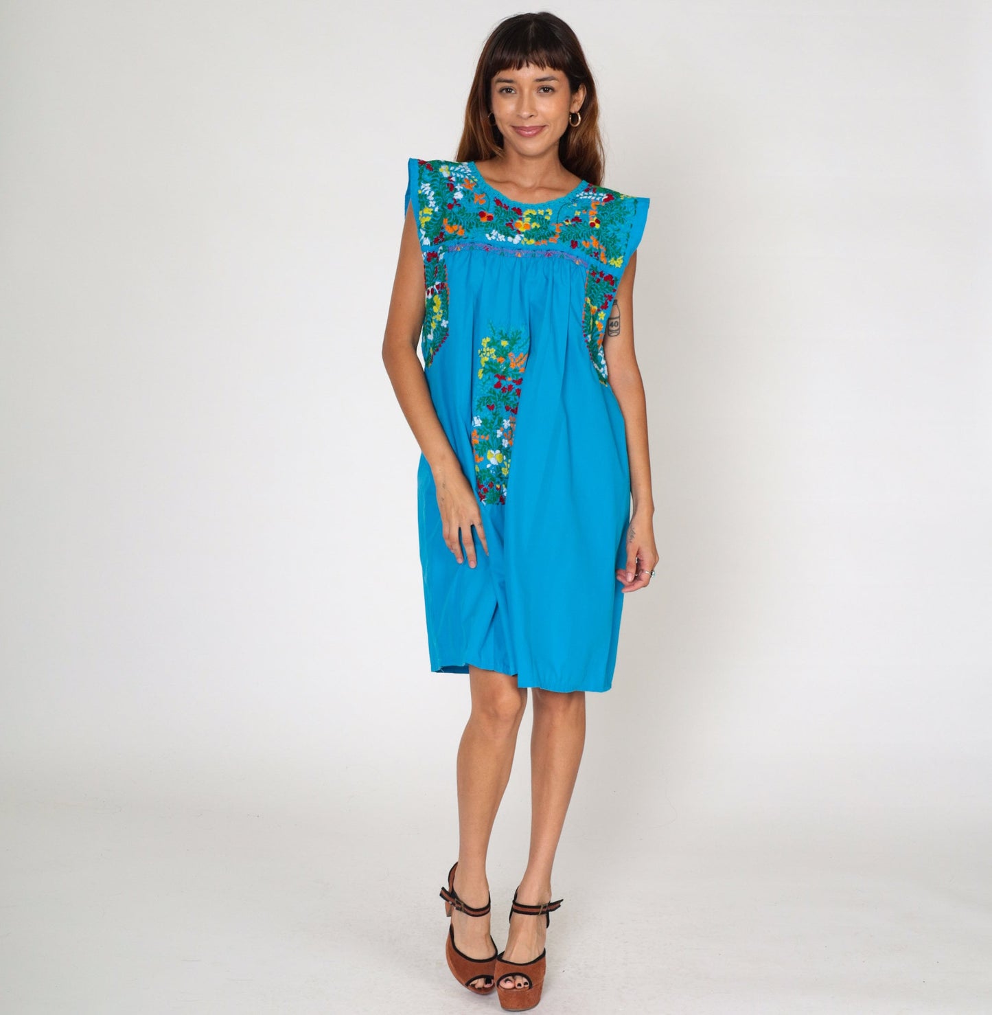 70s Mexican Oaxacan Embroidered Cotton Dress Turquoise Cap Sleeve Small Medium