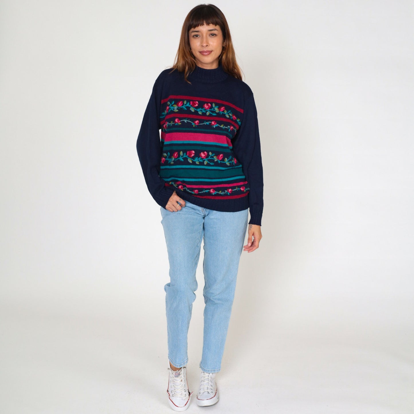 80s Alfred Dunner Navy Floral Embroidered Mockneck Sweater Wool Blend Large L