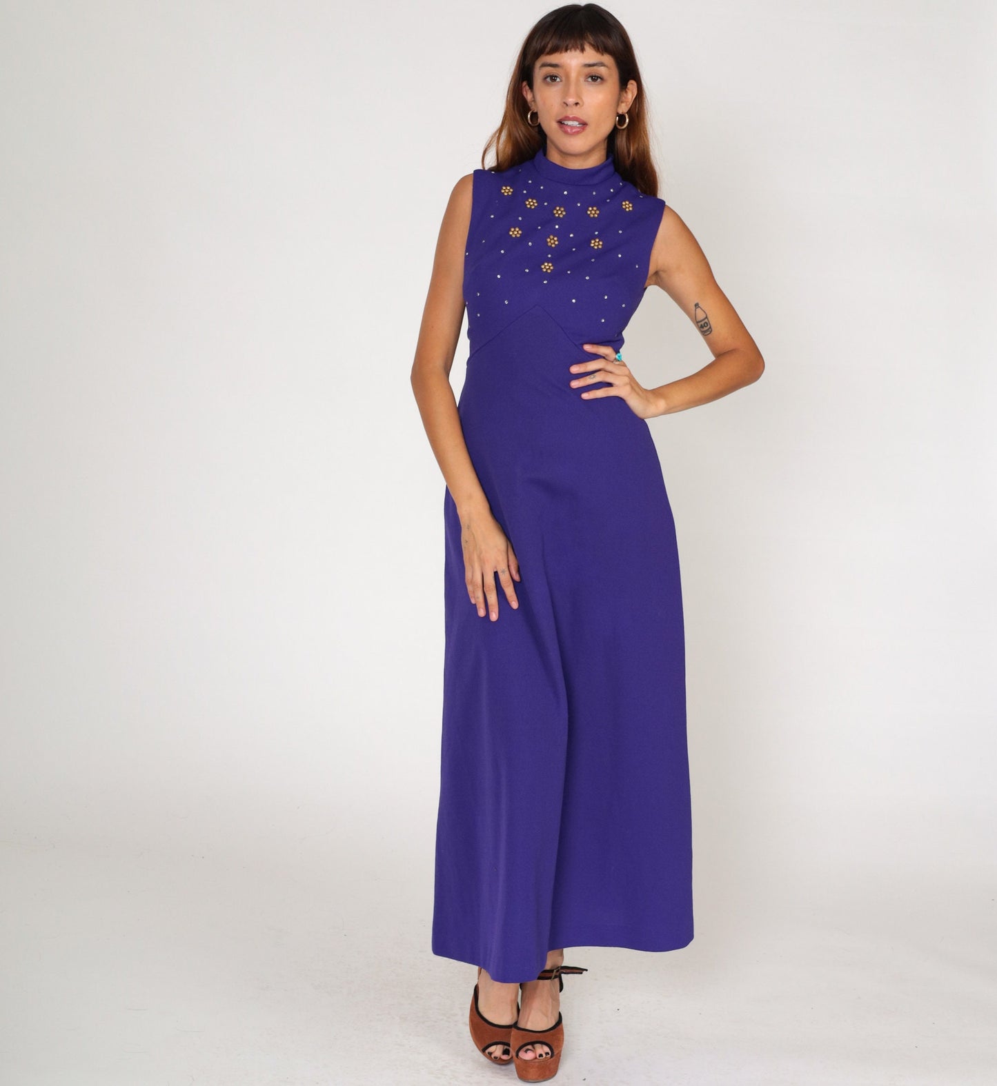 70s Purple Rhinestone Maxi Dress Empire Waist Mock Neck Sleeveless Small