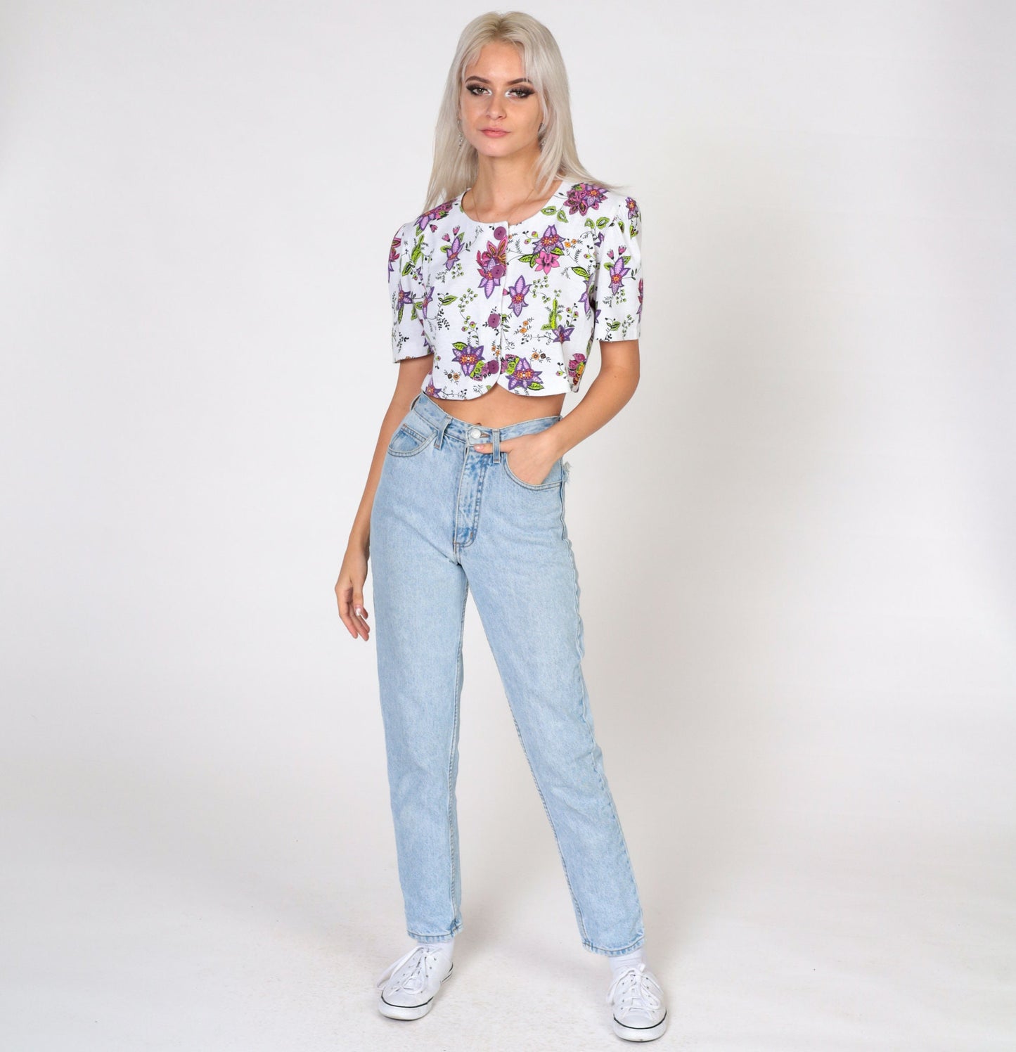 90s White Floral Crop Top Cotton Puff Sleeve Button Blouse Small