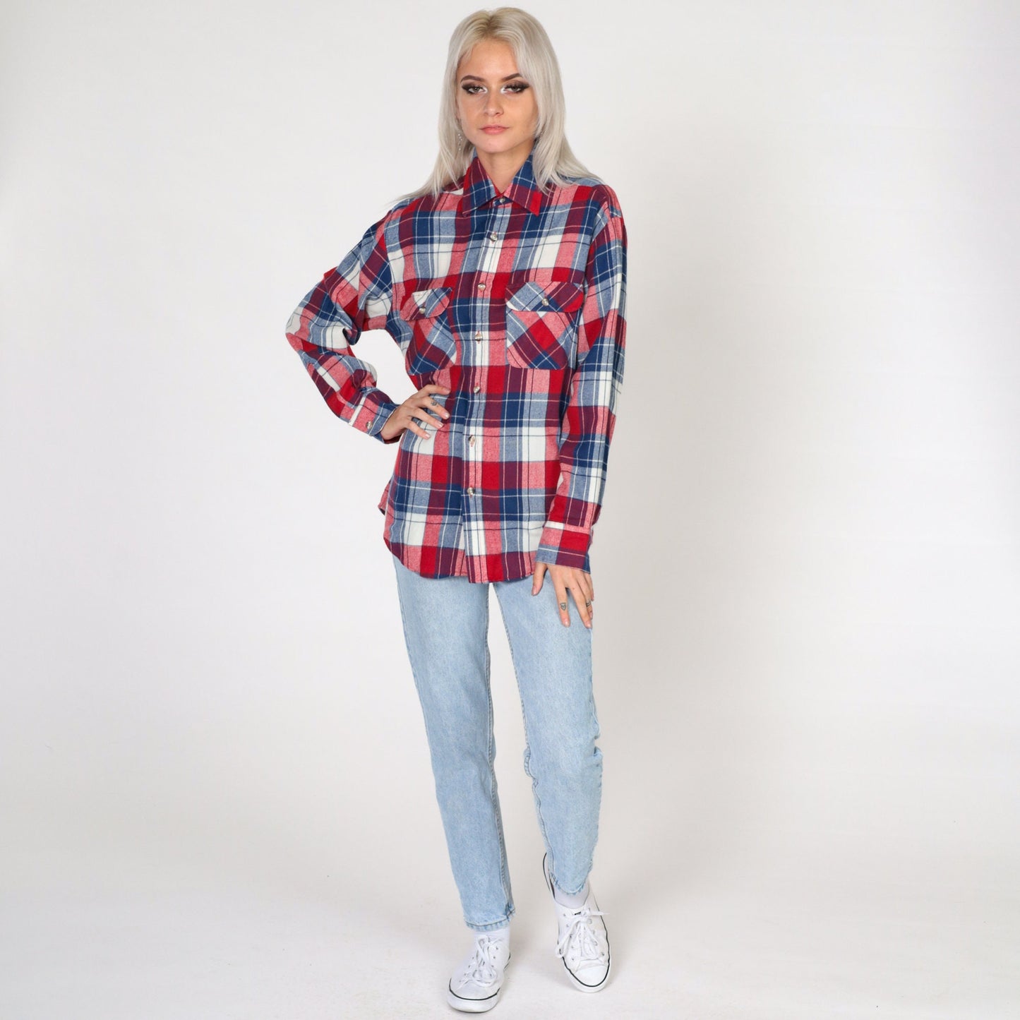 80s High Sierra Plaid Button-Up Shirt Red White Blue Flannel Small