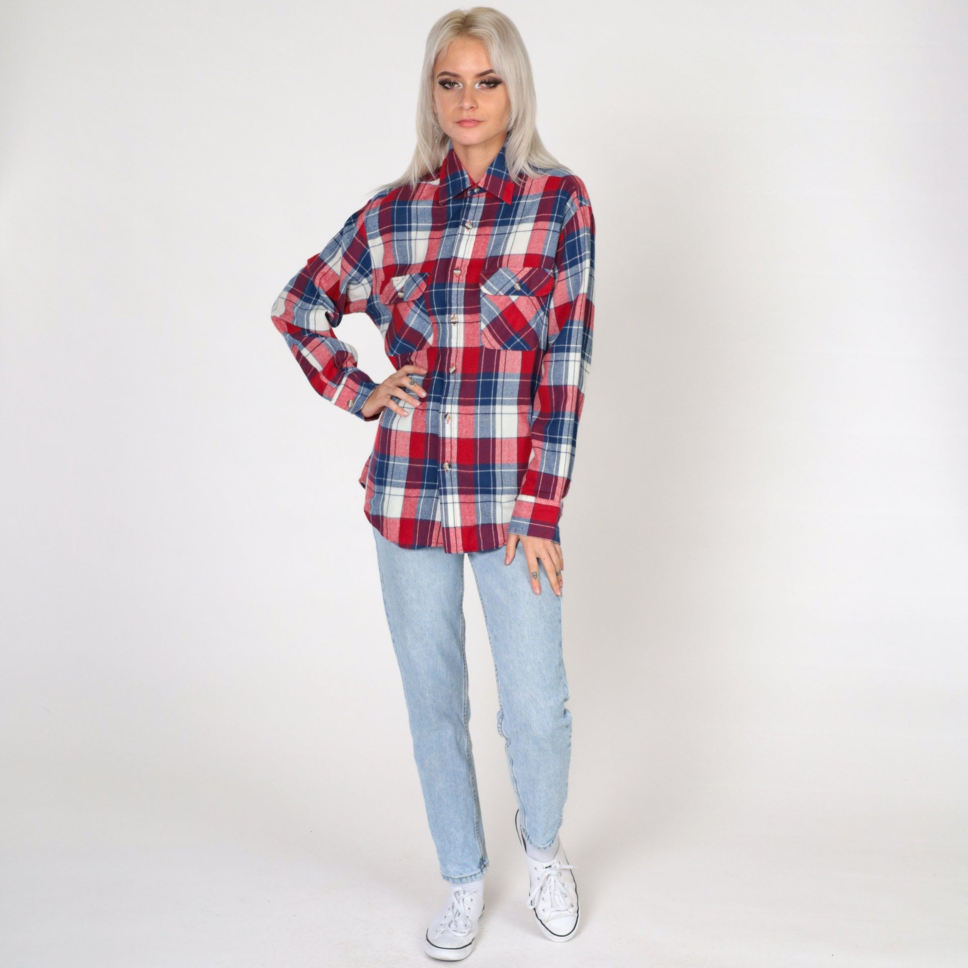 80s High Sierra Plaid Button-Up Shirt Red White Blue Flannel Small
