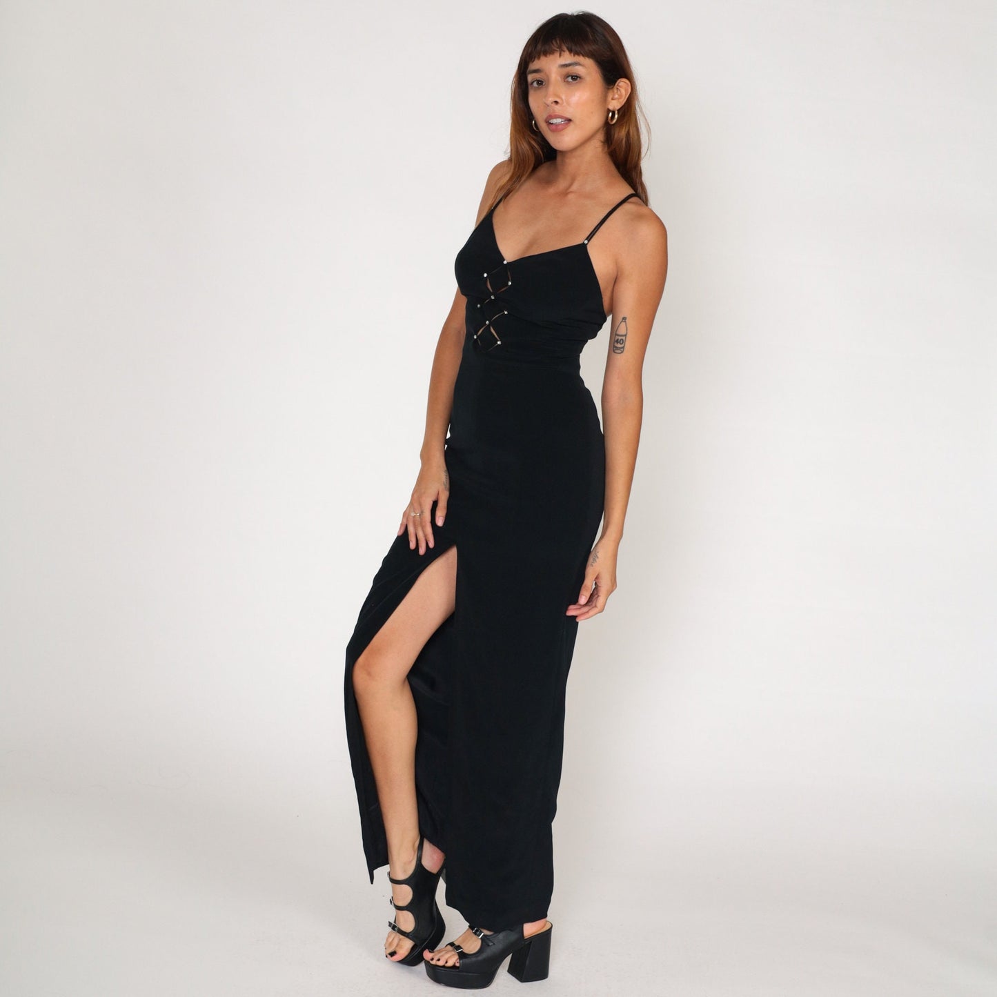 90s Black Maxi Dress Rhinestone Cutout High Slit Sleeveless Evening Gown Extra Small XS