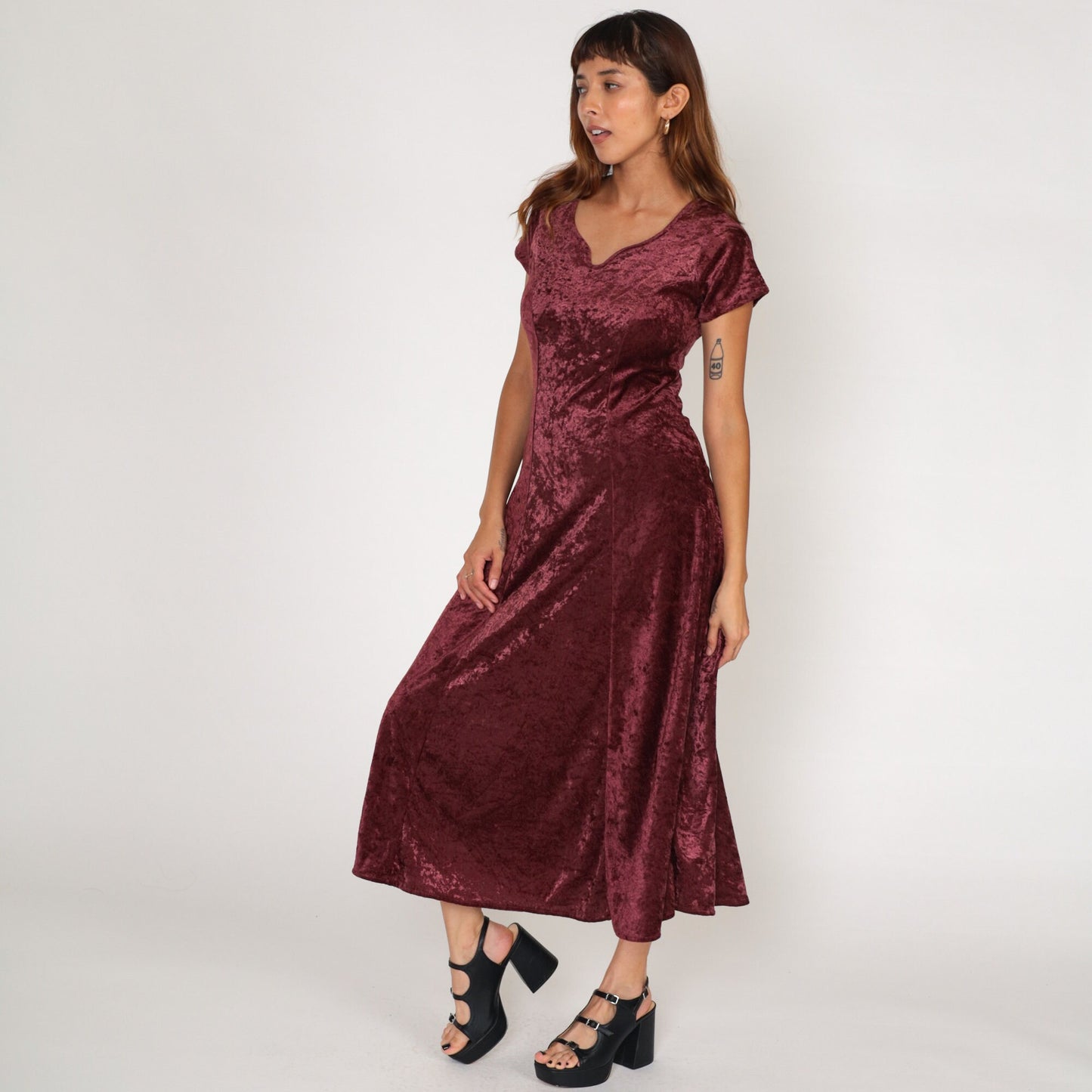 90s Maroon Velvet Maxi Dress Short Sleeve Strappy Back Small S