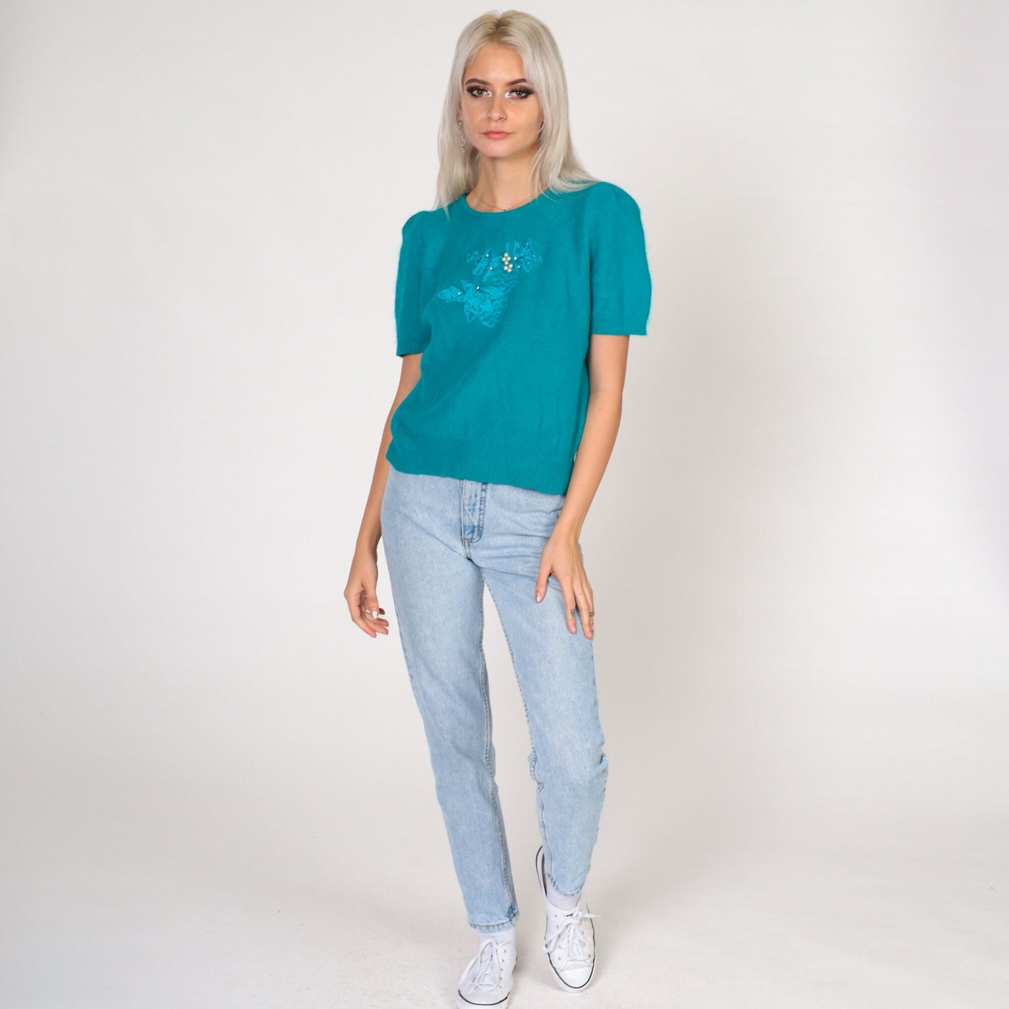 80s Teal Wool Sweater Top Puff Sleeve Beaded Floral Knit Small