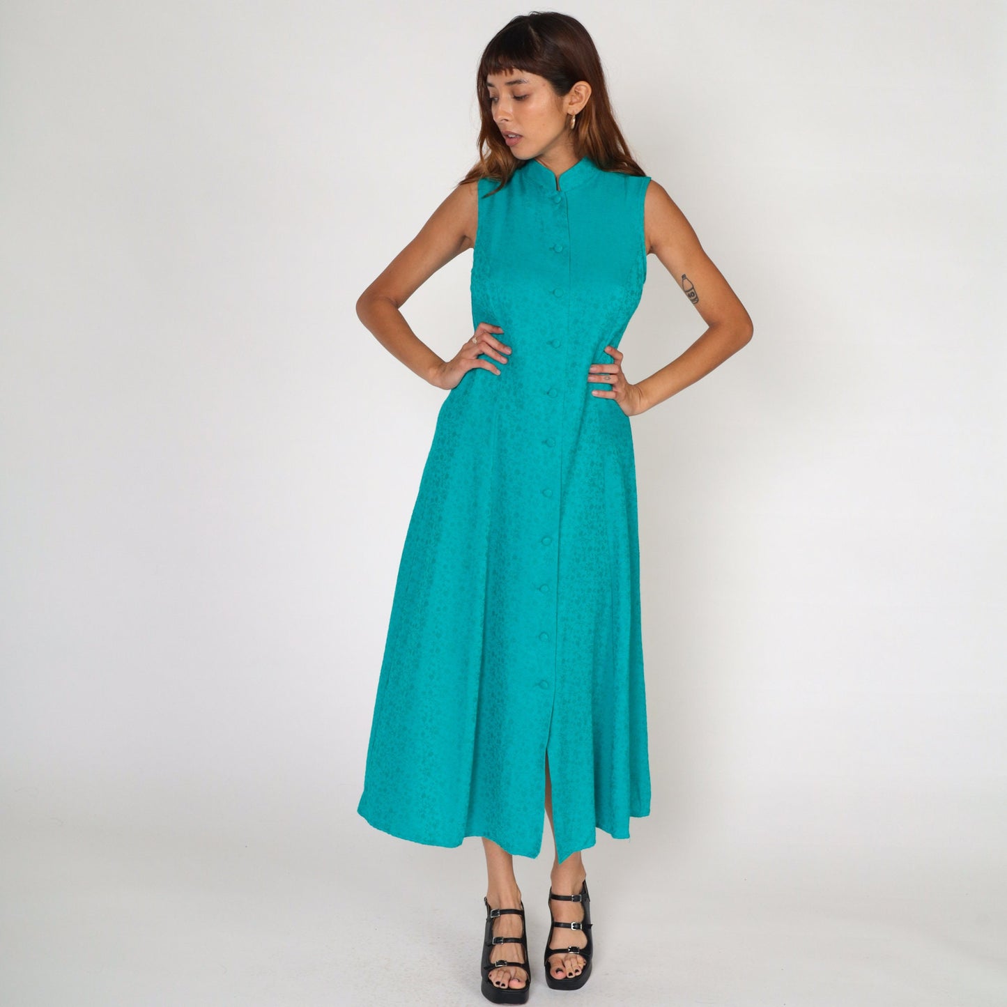 90s Coldwater Creek Teal Floral Embossed Maxi Dress Sleeveless Button-Up Small