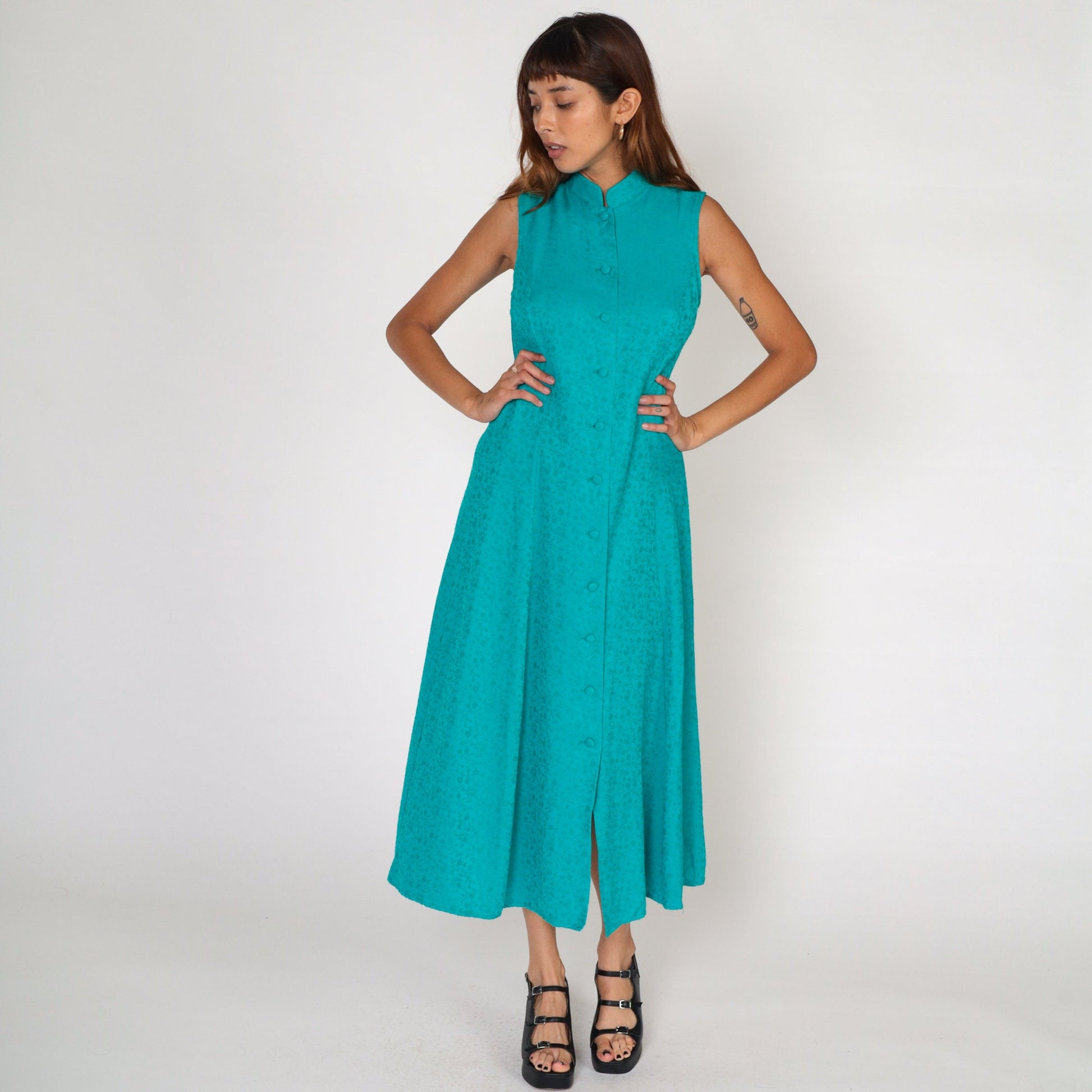 90s Coldwater Creek Teal Floral Embossed Maxi Dress Sleeveless Button-Up Small
